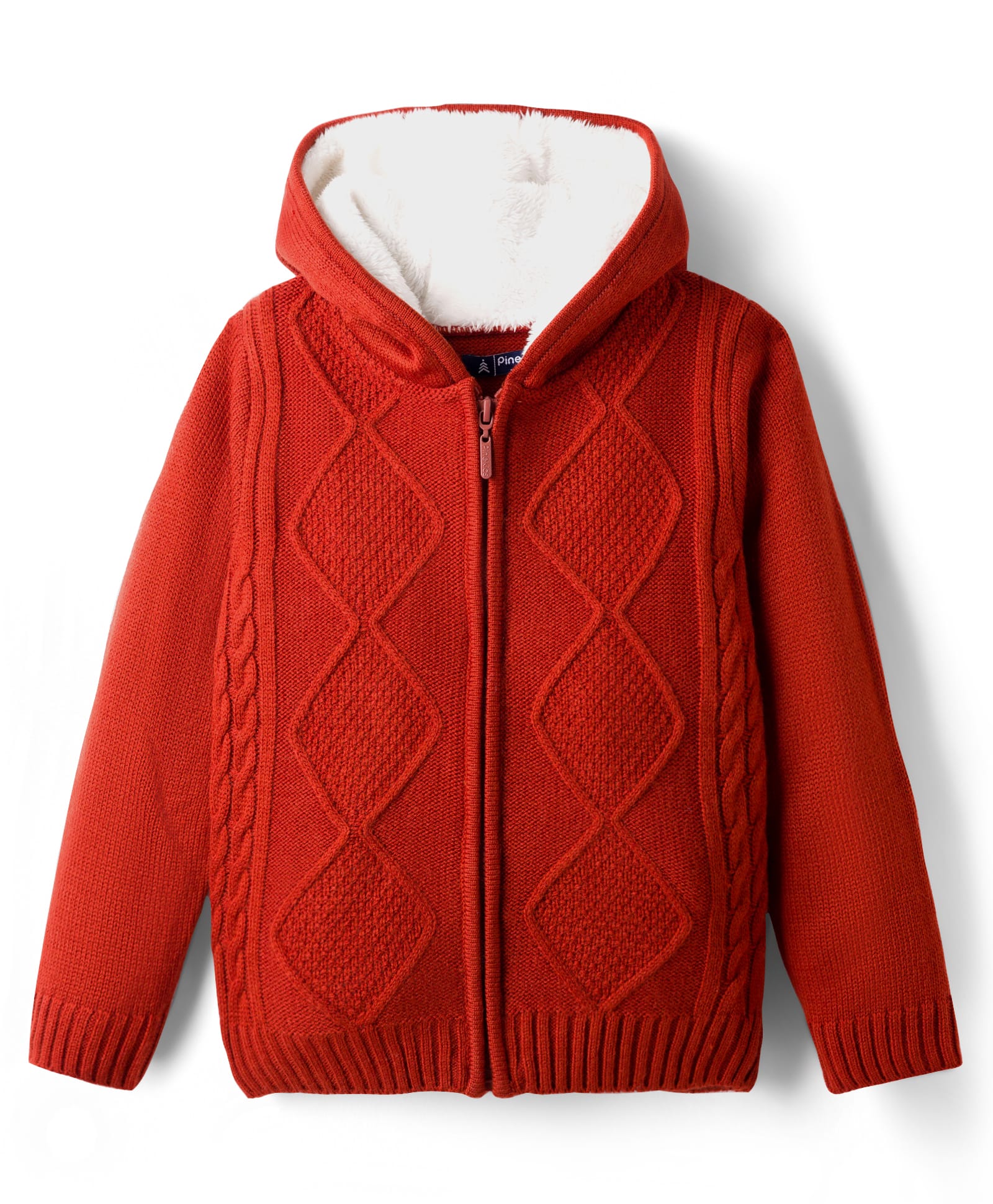 Pine Kids Knit Full Sleeves Front Open Hooded Sweater with Cable Knit Design - Rust Orange-picture-26