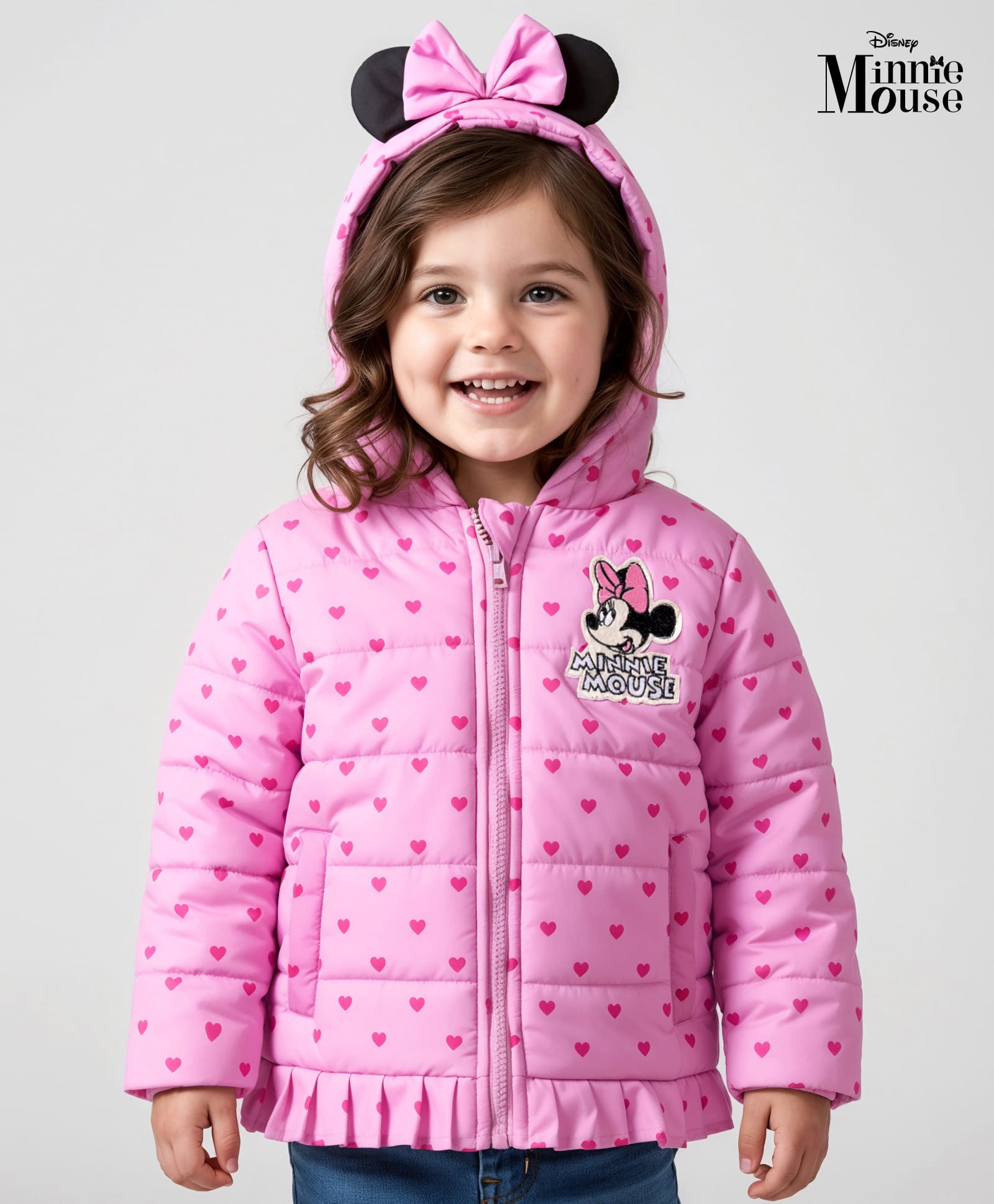 Babyhug Disney Woven Full Sleeves Hooded Winter Jacket With Minnie & Friends Graphics & Ear Bow Applique - Pink-picture-26