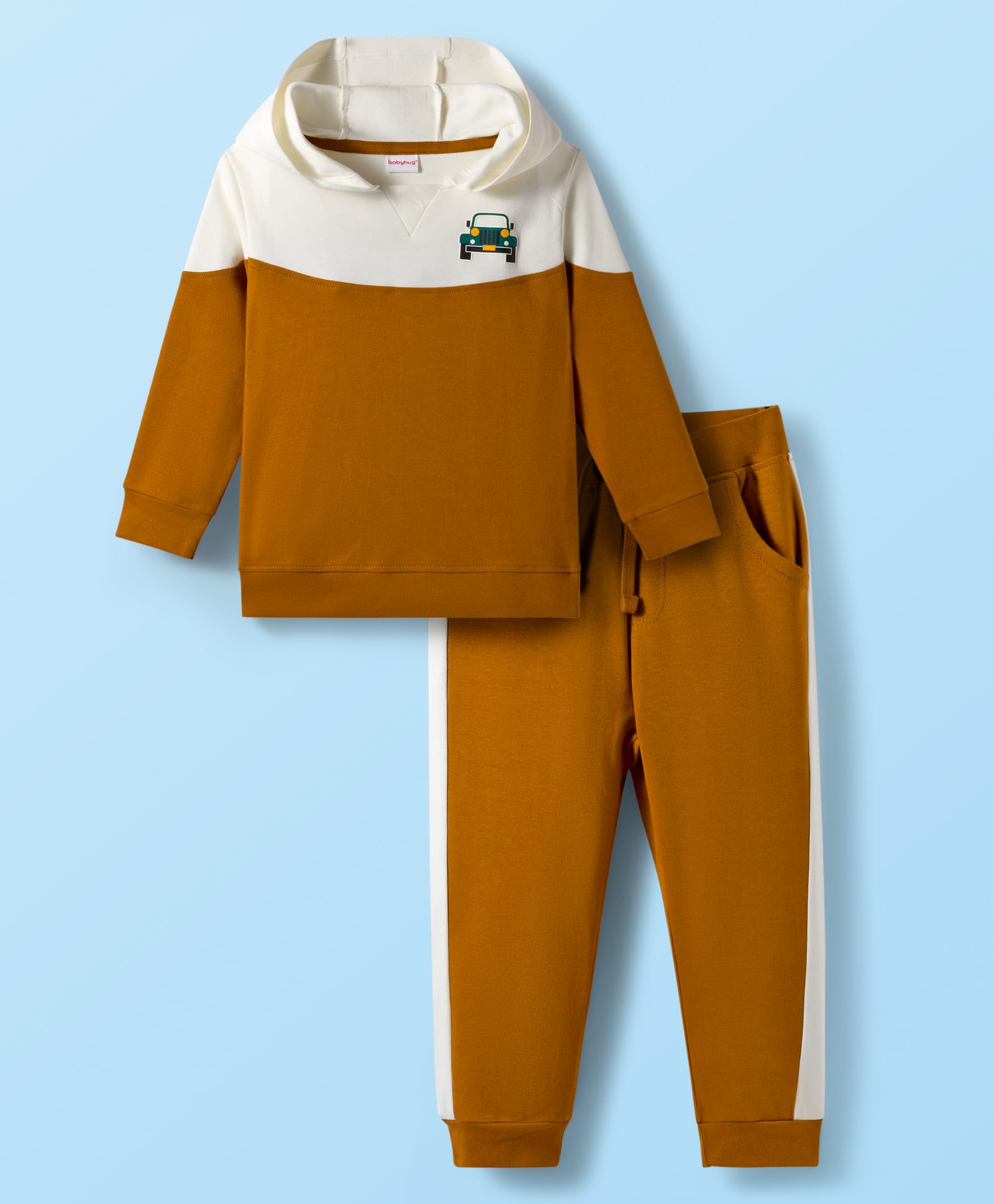 Babyhug Terry Knit Full Sleeves Hooded Color Block T-Shirt & Jogger Set with Car Print - Yellow & White-image-1