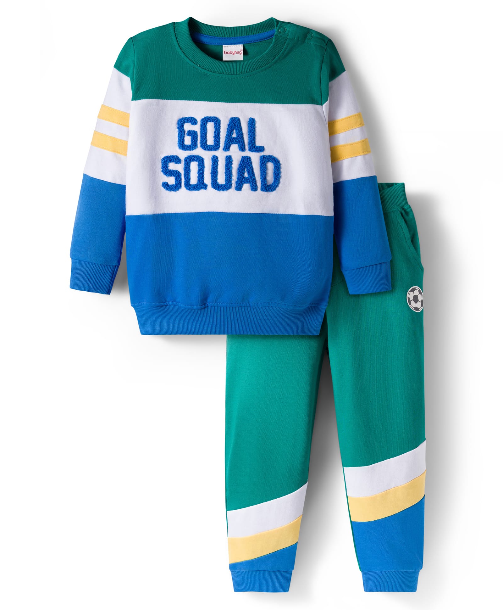 Babyhug Terry Knit Full Sleeves T-Shirt and Joggers Set with Goal Squad Text Design - Green & Blue-image-4