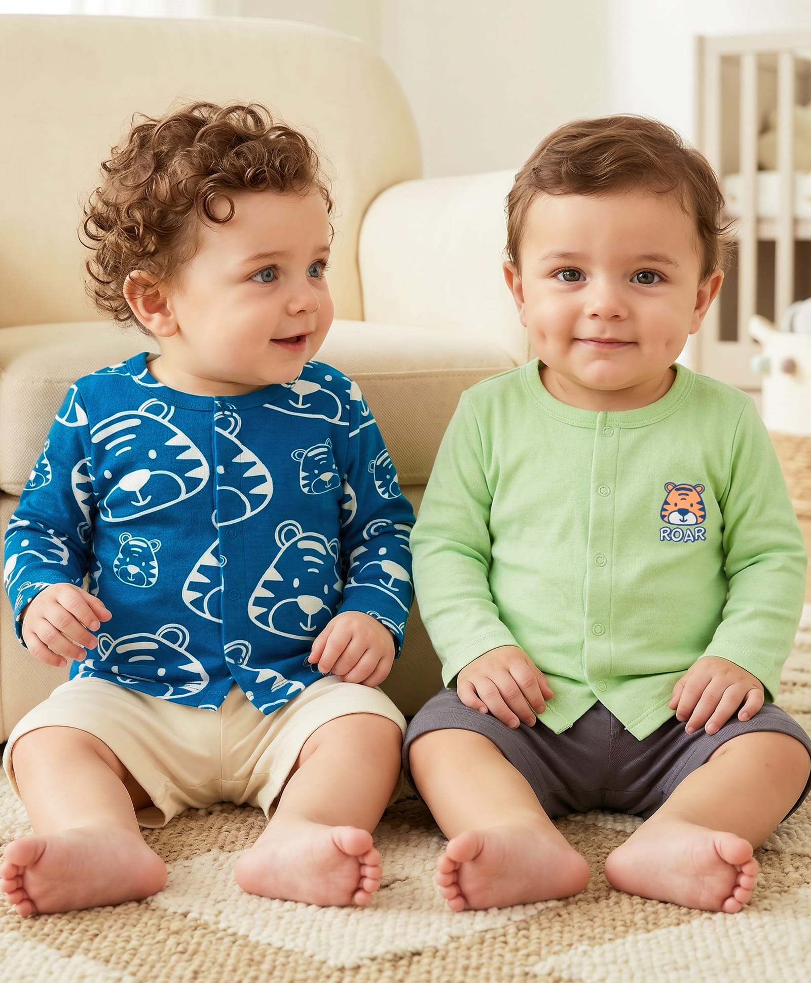 Babyoye 100% Cotton Knit Full Sleeves Tiger Printed Jhablas Pack of 2 - Light Green & Blue-image-18
