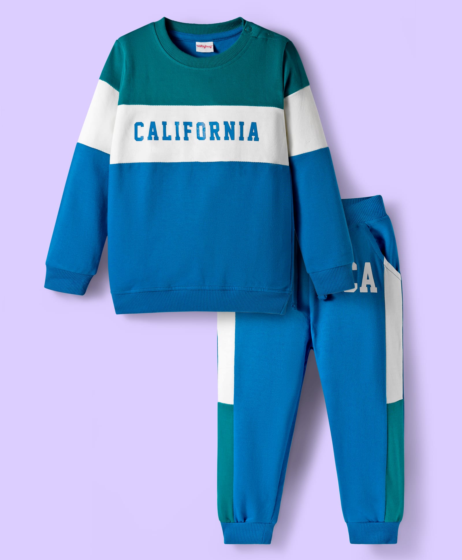 Babyhug Terry Knit Full Sleeves T-Shirt & Jogger Set with California Text Print - Green & Blue-picture-20