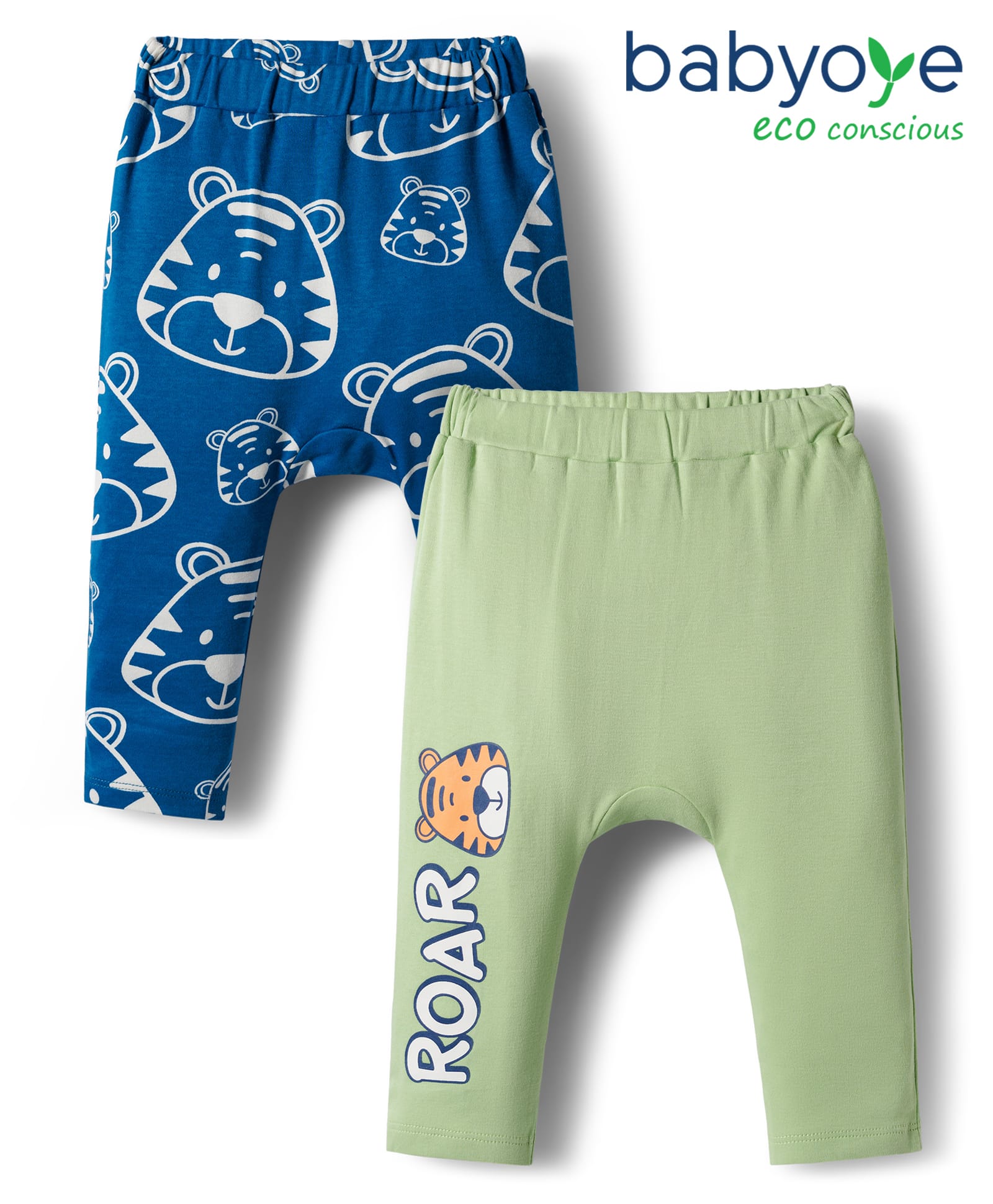 Babyoye 100% Cotton Knit Full Length Diaper Leggings With Tiger Print Pack of 2 - Light Green & Blue