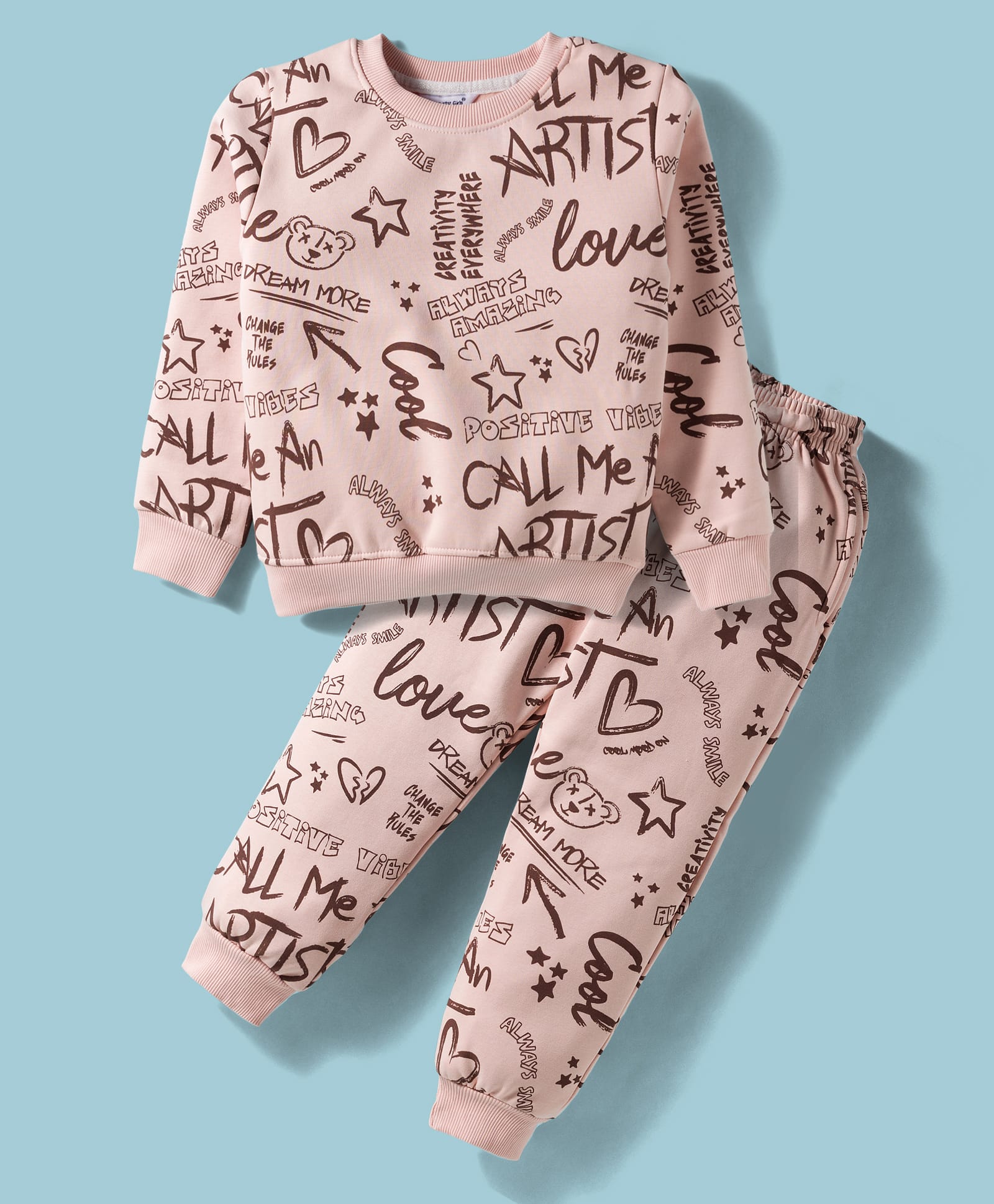 Smarty Girls Fleece Knit Full Sleeves Co-ord Winter Night Suit with Artist Text Print - Pink-picture-35