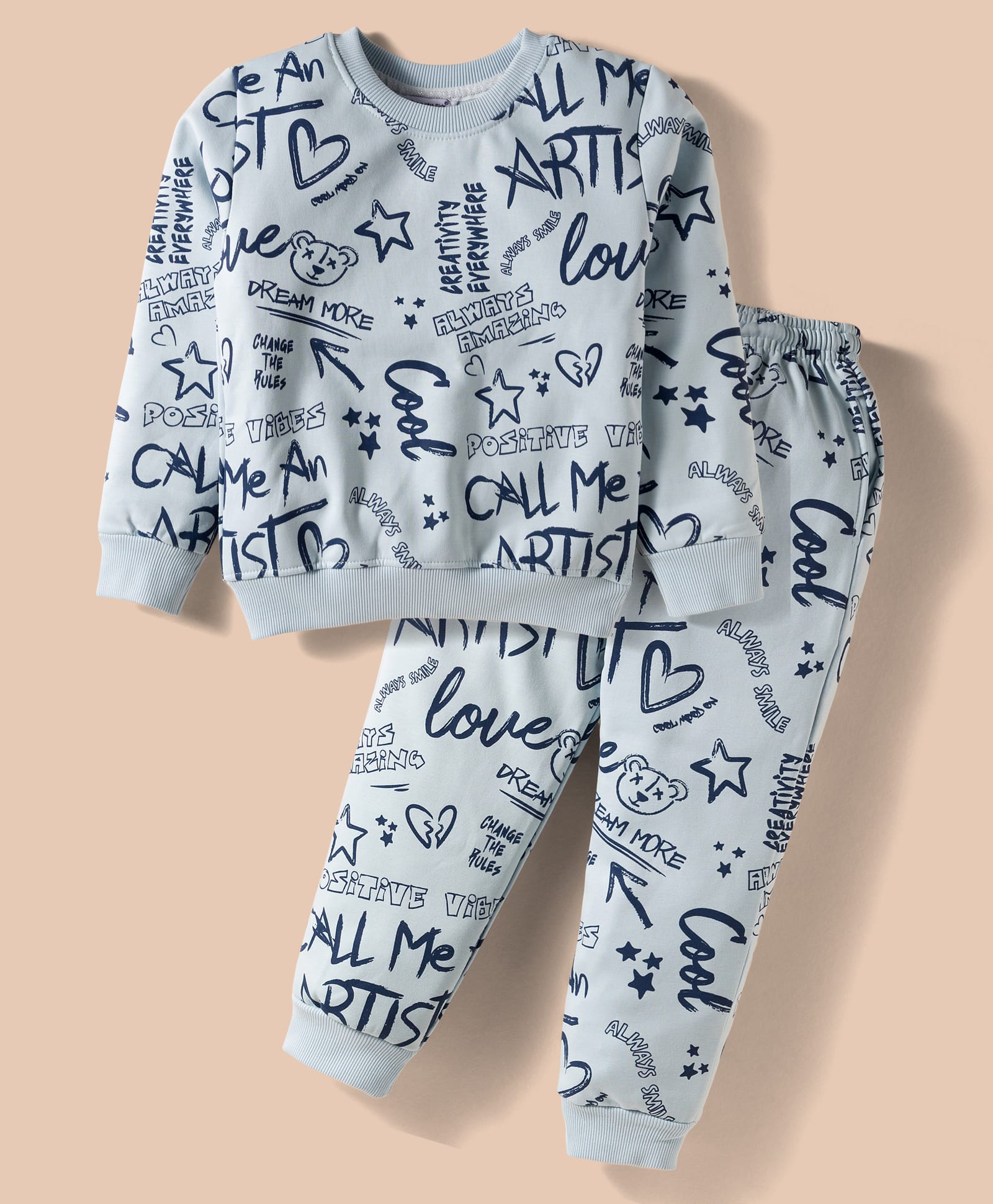 Smarty Girls Fleece Knit Full Sleeves Co-ord Winter Night Suit with Artist Text Print - Sky Blue-picture-33