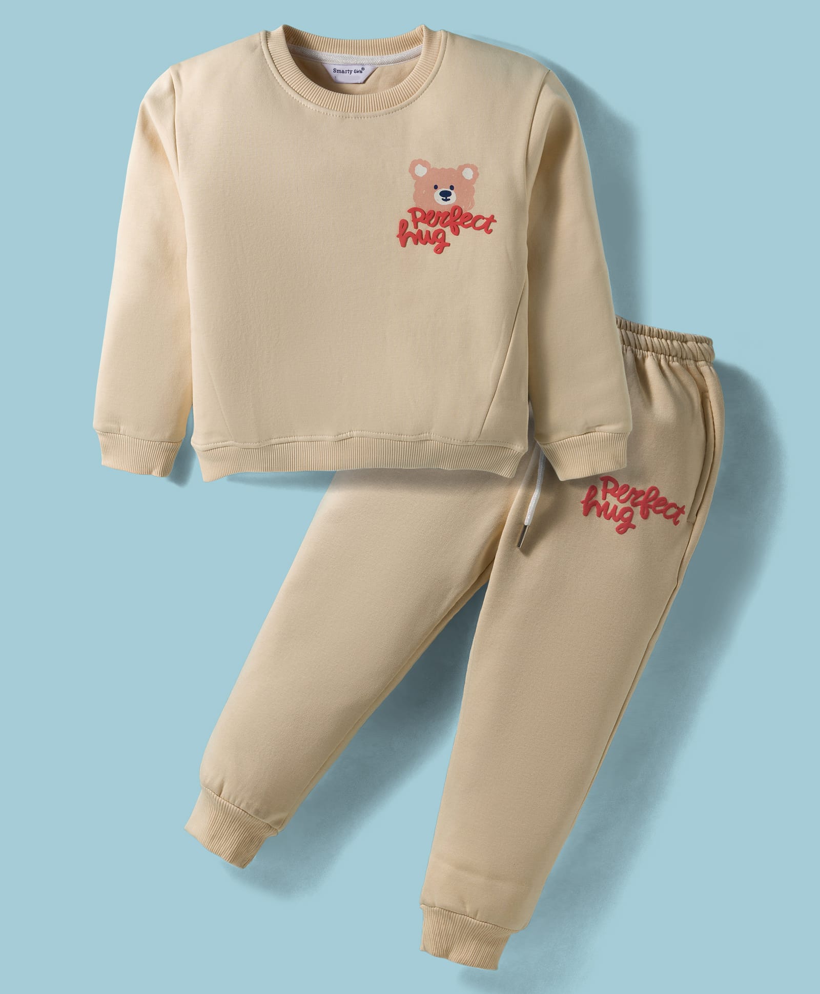 Smarty Girls Fleece Knit Full Sleeves T-Shirt & Lounge Pant With Animal Print - Cream-image-49