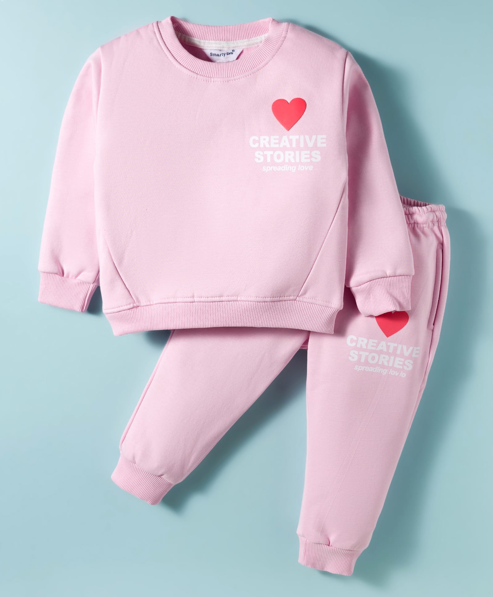 Smarty Girls Fleece Knit Full Sleeves Sweatshirt & Lounge Pant with Text & Heart Print - Pink-image-40