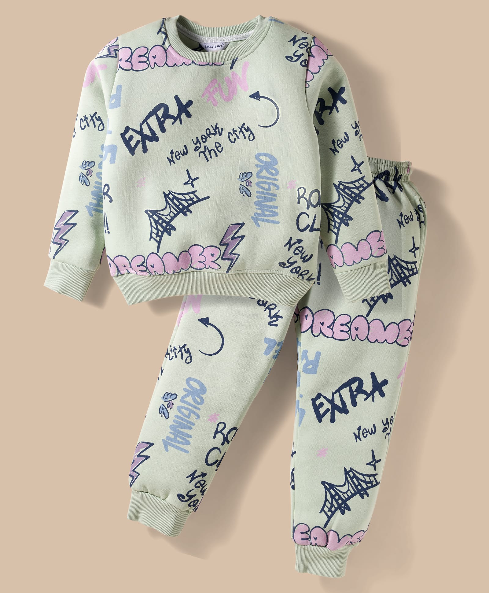 Smarty Girls Fleece Knit Full Sleeves Co-ords Winter Night Suit with Text Print - Light Green-picture-17