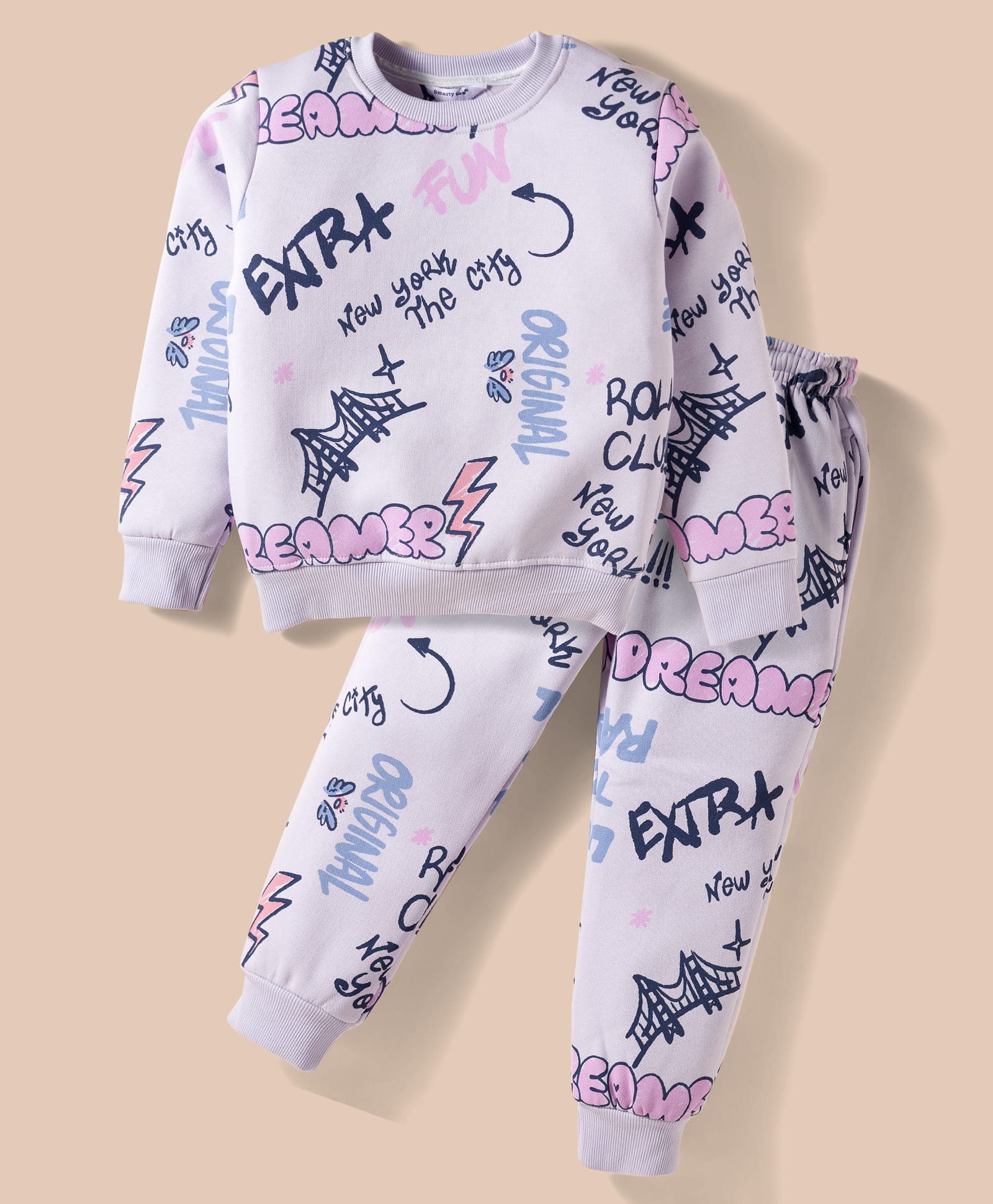 Smarty Girls Fleece Knit Full Sleeves Co-ords Winter Night Suit with Text Print - Mauve-picture-18