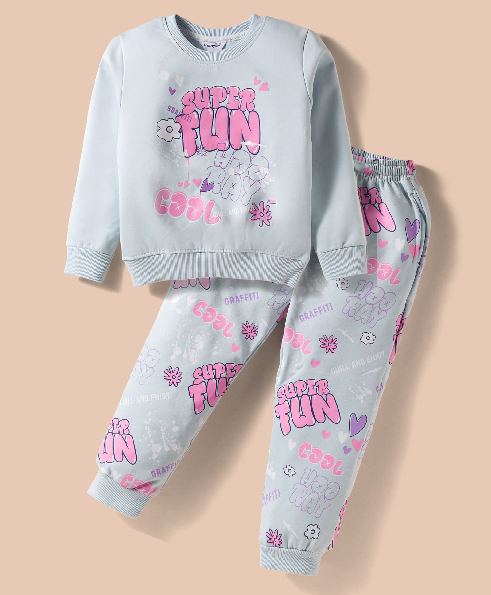 Smarty Girls Fleece Knit Full Sleeves Winter Night Suit with Super Fun Text Print - Light Blue-picture-34