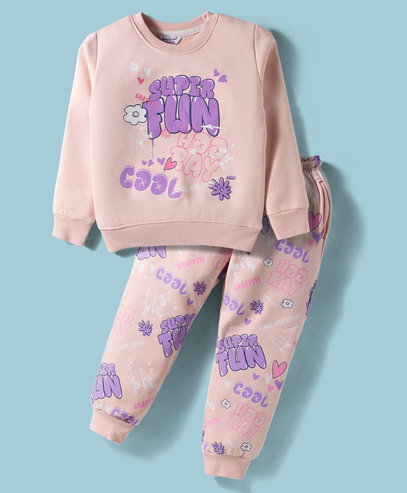 Smarty Girls Fleece Knit Full Sleeves Winter Night Suit with Super Fun Text Print - Pink-picture-16
