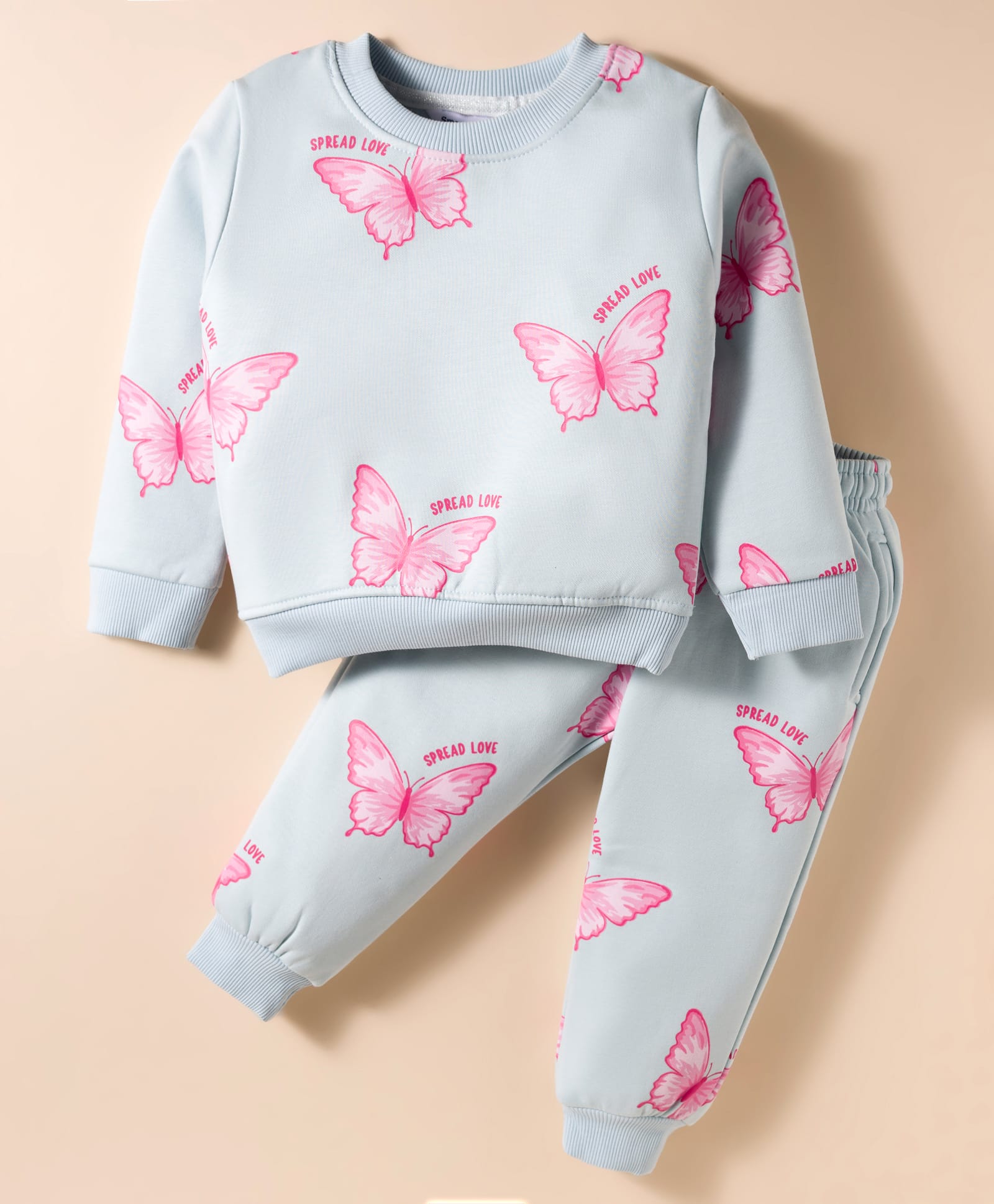 Smarty Girls Full Sleeves Winter Wear Co-ords Night Suit With Butterfly Print - Light Blue-image-18