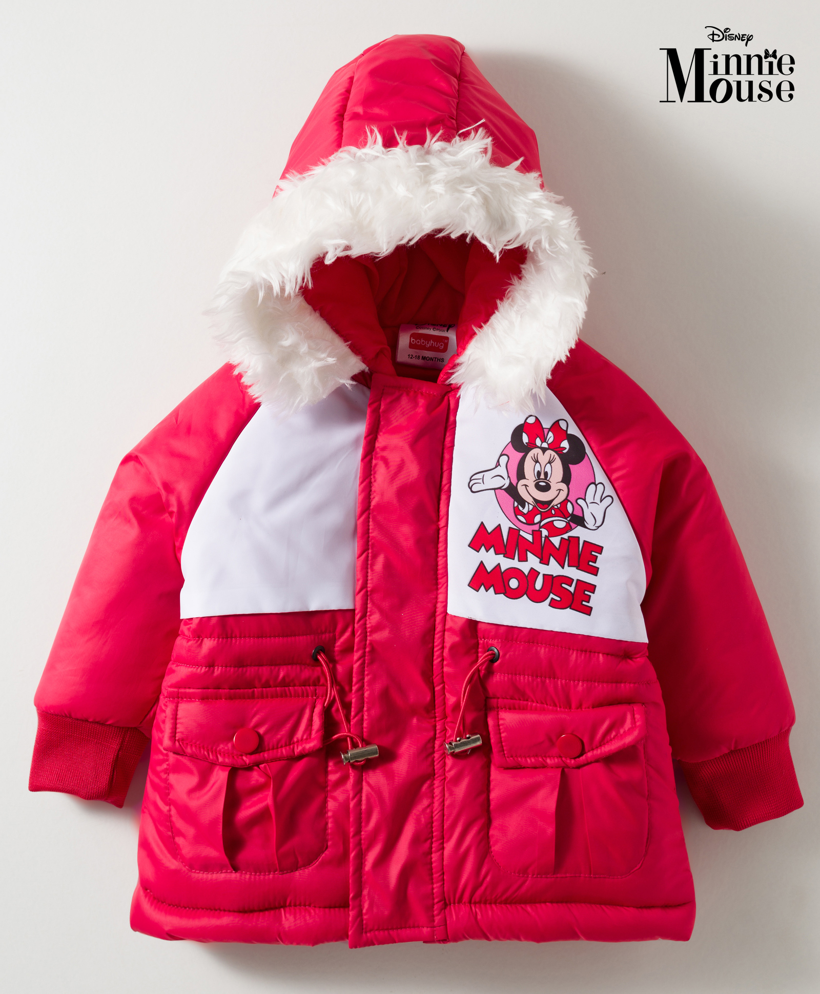 Babyhug Disney Woven Full Raglan Sleeves Hooded Padded Jacket with Minnie Mouse Print - Red-picture-23