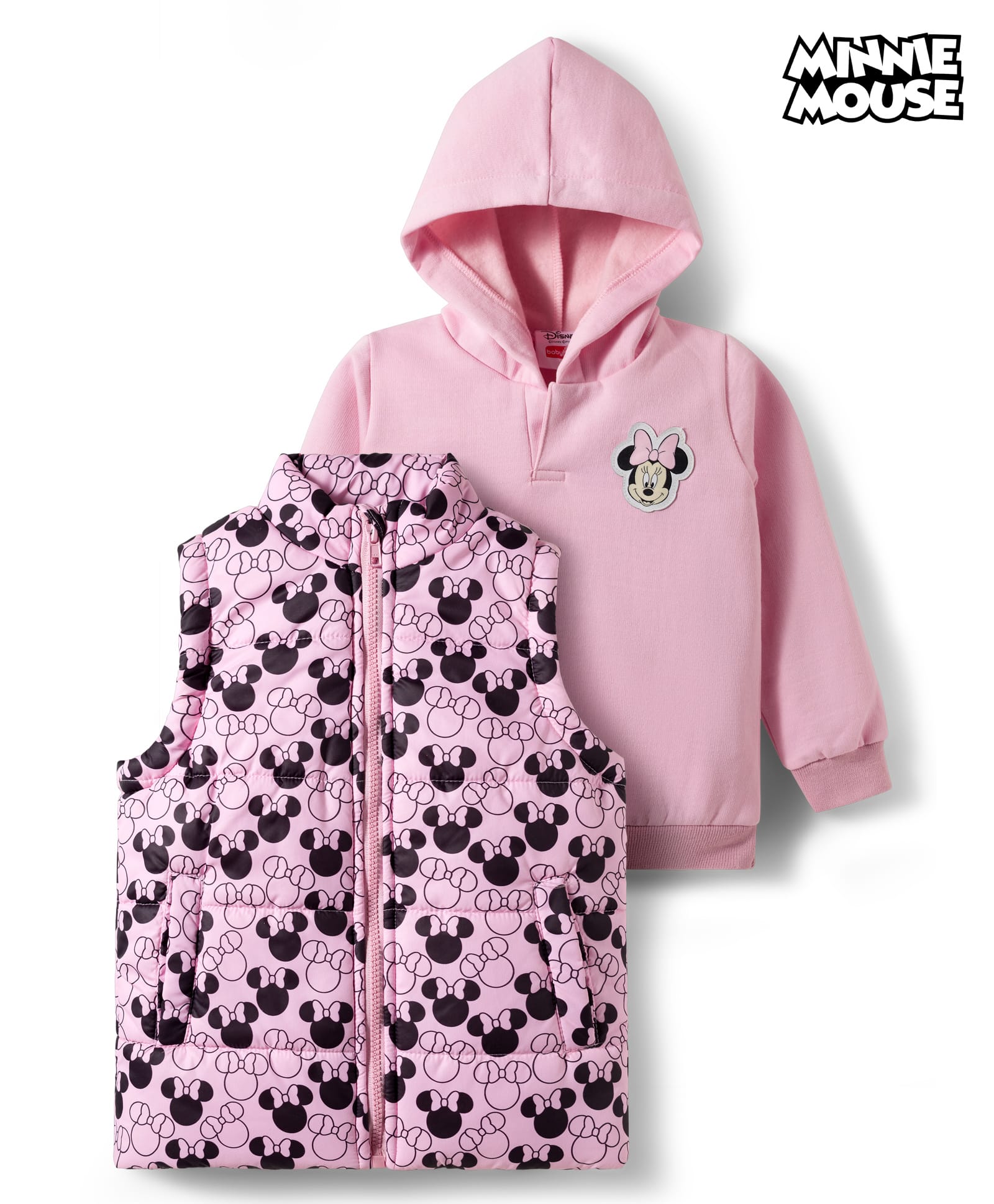Babyhug Disney Fleece Woven Full Sleeves Hooded Sweatshirt With Sleeveless Padded Jacket With Minnie Mouse Graphic - Pink-picture-22