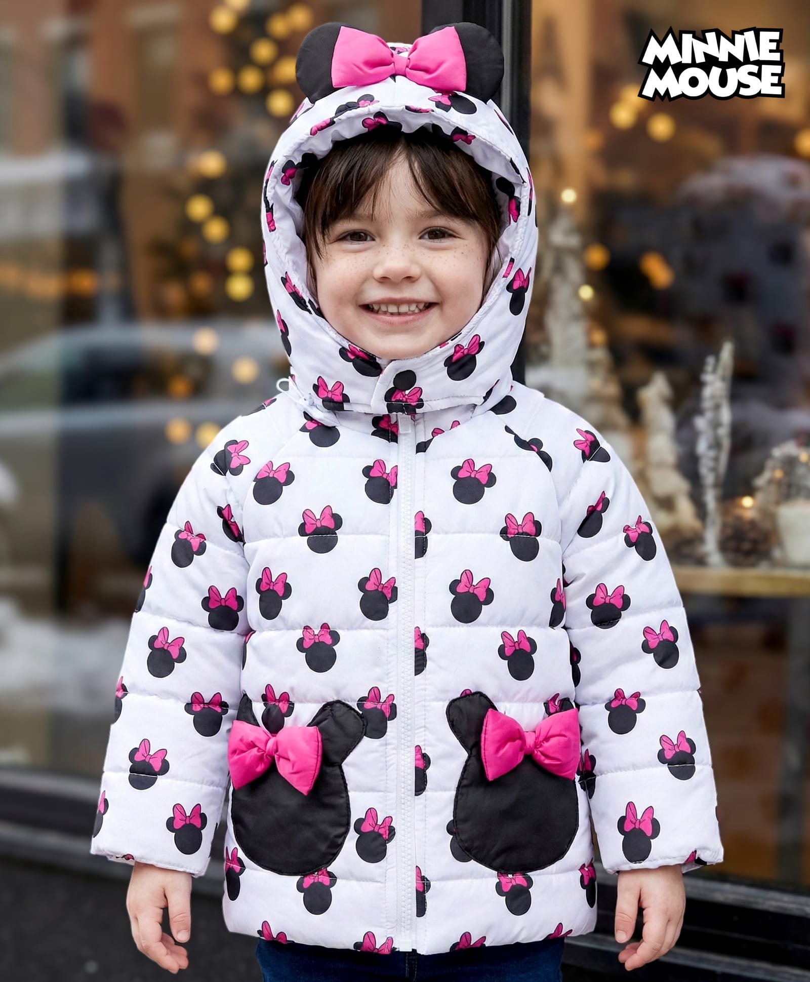Babyhug Disney Woven Full Sleeves Hooded Winter Jacket With Minnie Mouse Print & Ear Bow Applique - White-picture-14