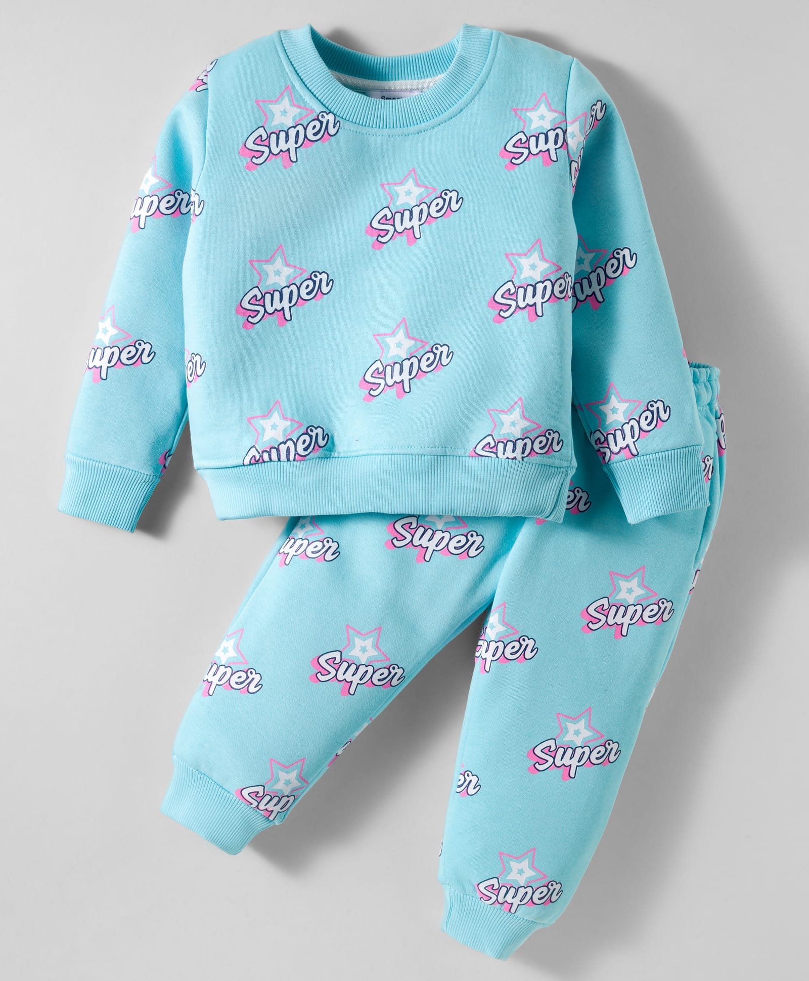 Smarty Girls Fleece Knit Full Sleeves Co-ords Winter Night Suit with Text Print - Aqua Blue-picture-39