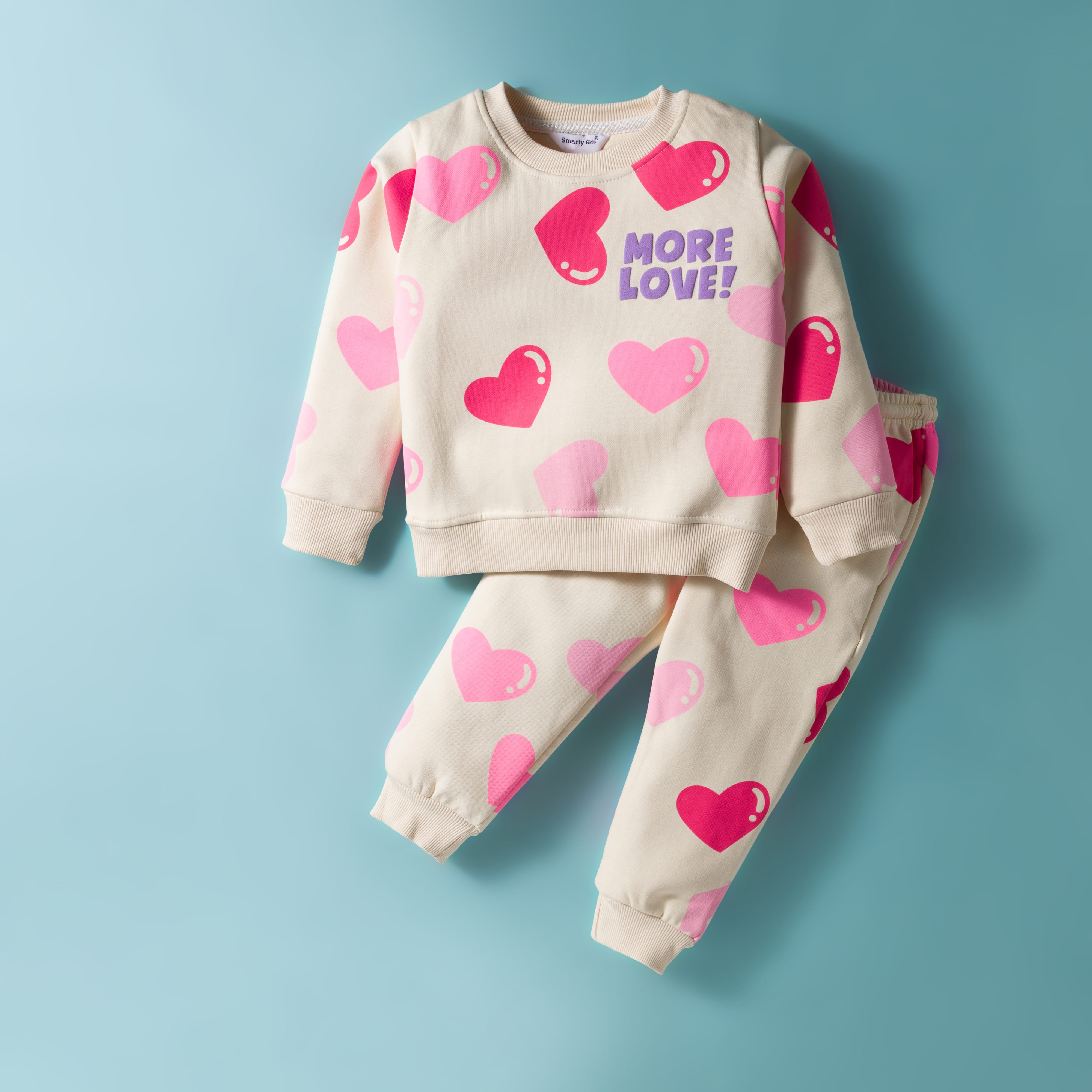 Smarty Girls Fleece Knit Full Sleeves Winter Night Suit with Heart Print - Pink-picture-19
