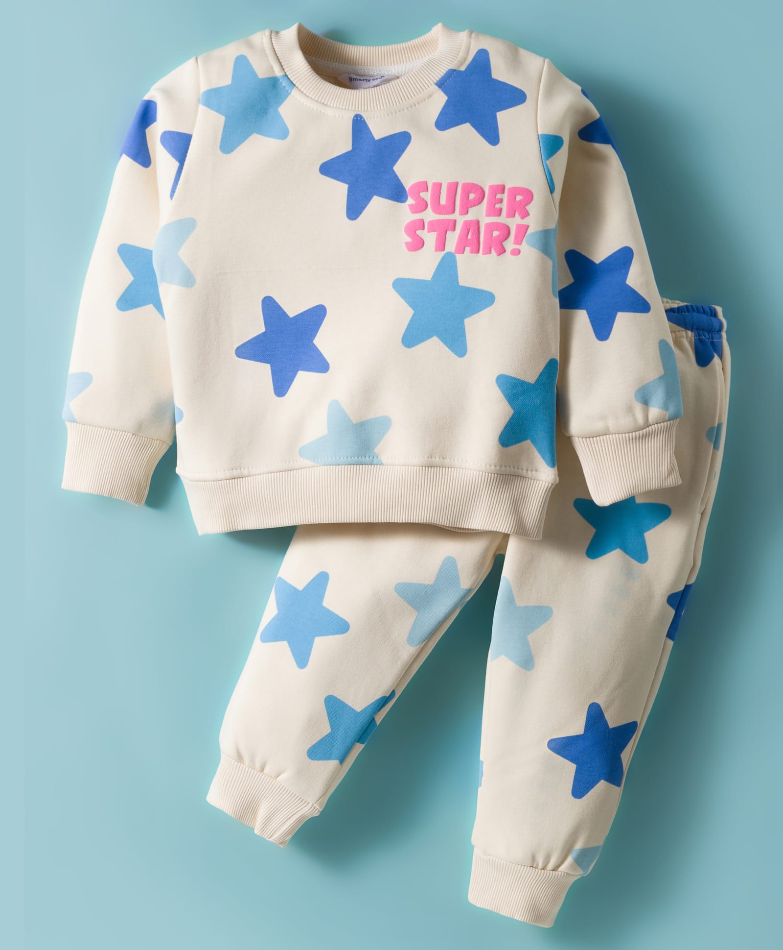 Smarty Girls Fleece Knit Full Sleeves Winter Night Suit with Star Print - Blue-picture-26