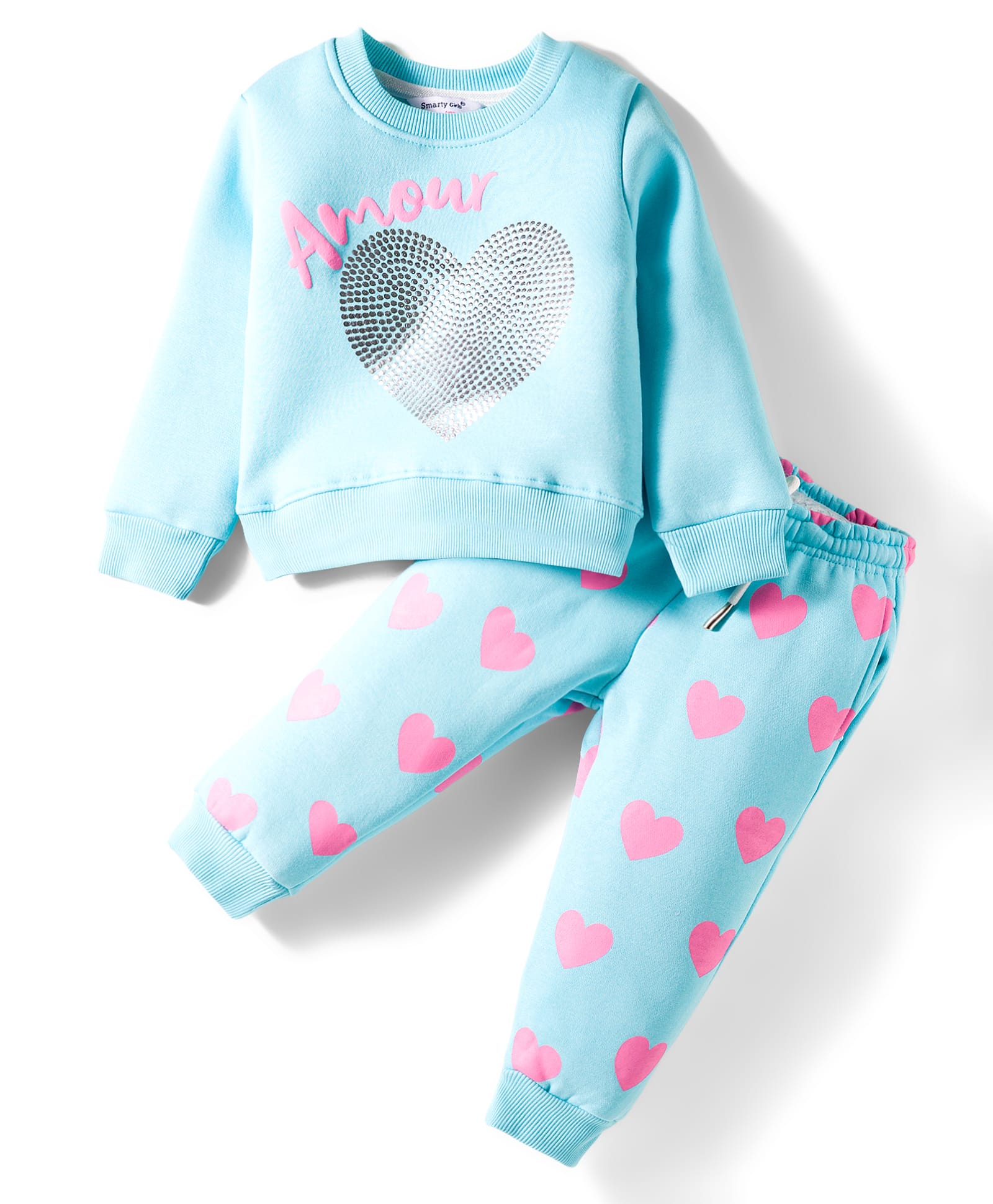 Smarty Girls Fleece Knit Full Sleeves Winter Night Suit With Sequined Heart & Print - Light Blue-picture-40