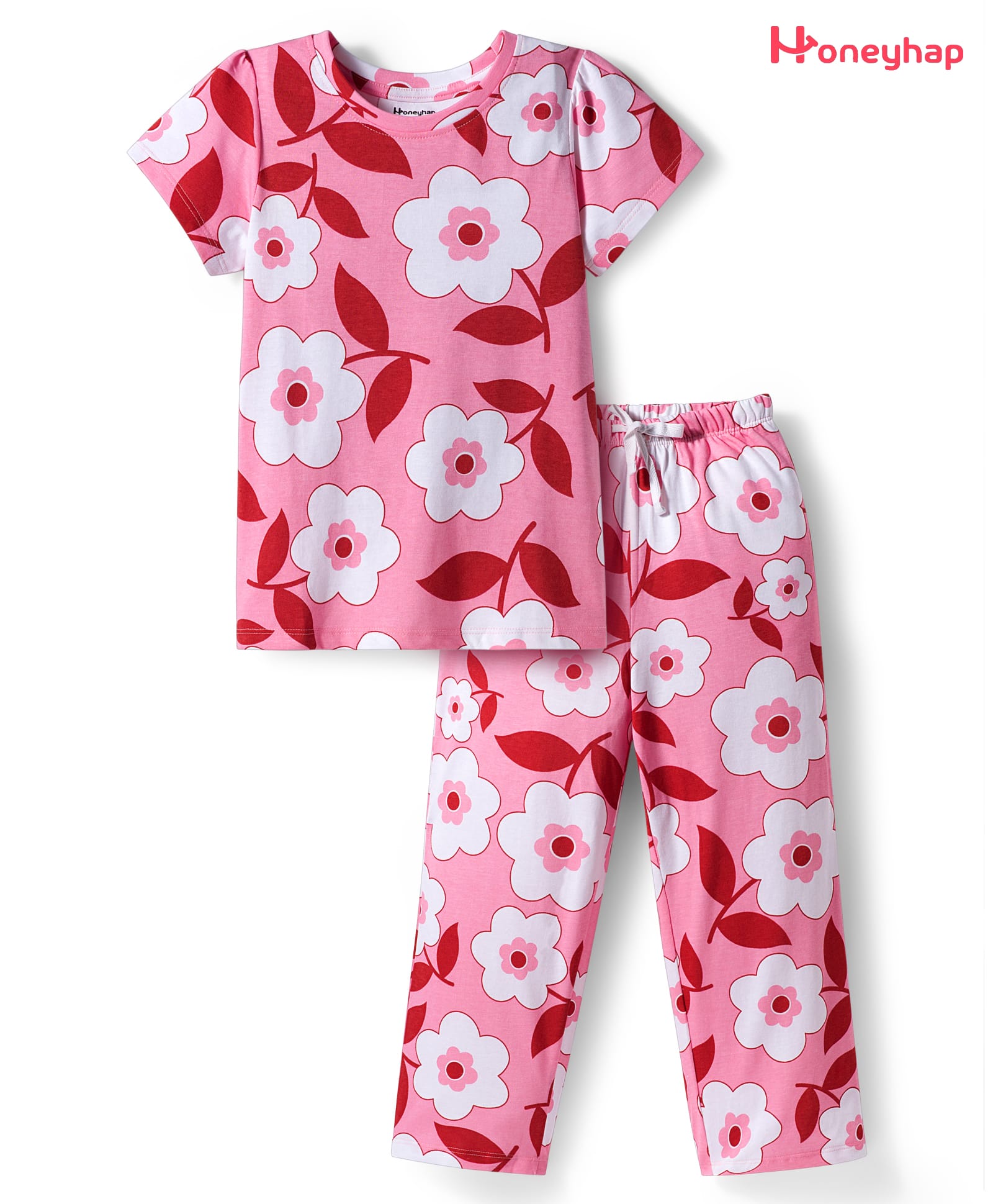 Honeyhap Premium 100% Cotton Knit Half Sleeves Night Suit With Bio Finish & Floral Print - Candy Pink/bright White-picture-0