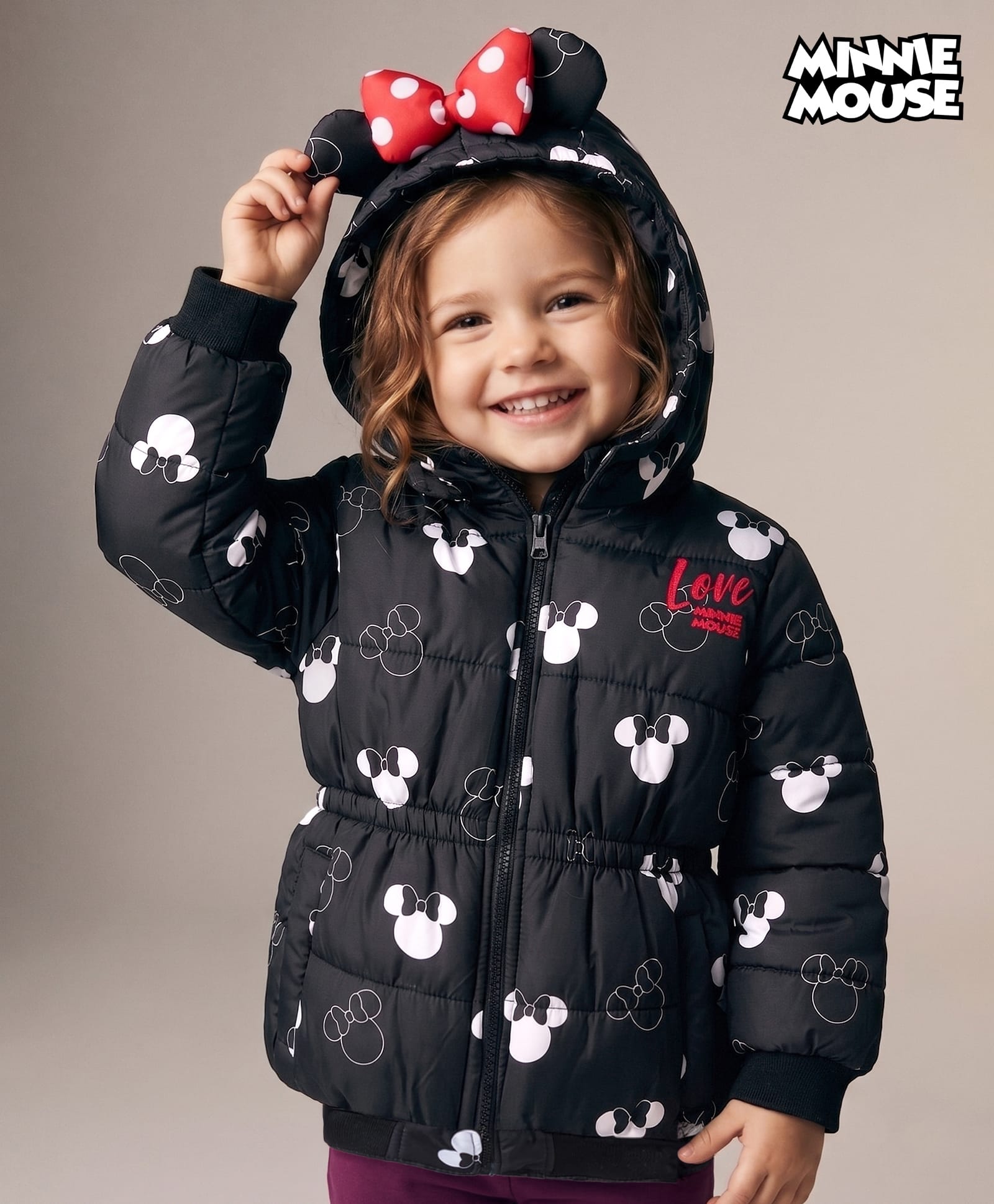 Babyhug Disney Woven Full Sleeves Hooded Padded Jacket With Minnie Mouse Print & Ear Bow Applique - Black-image-12