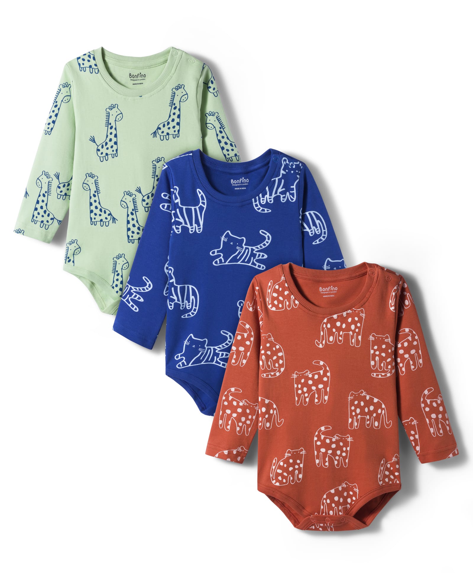 bonfino 100% cotton knit full sleeves animal printed onesies pack of 3 - green rust red & navy blue
