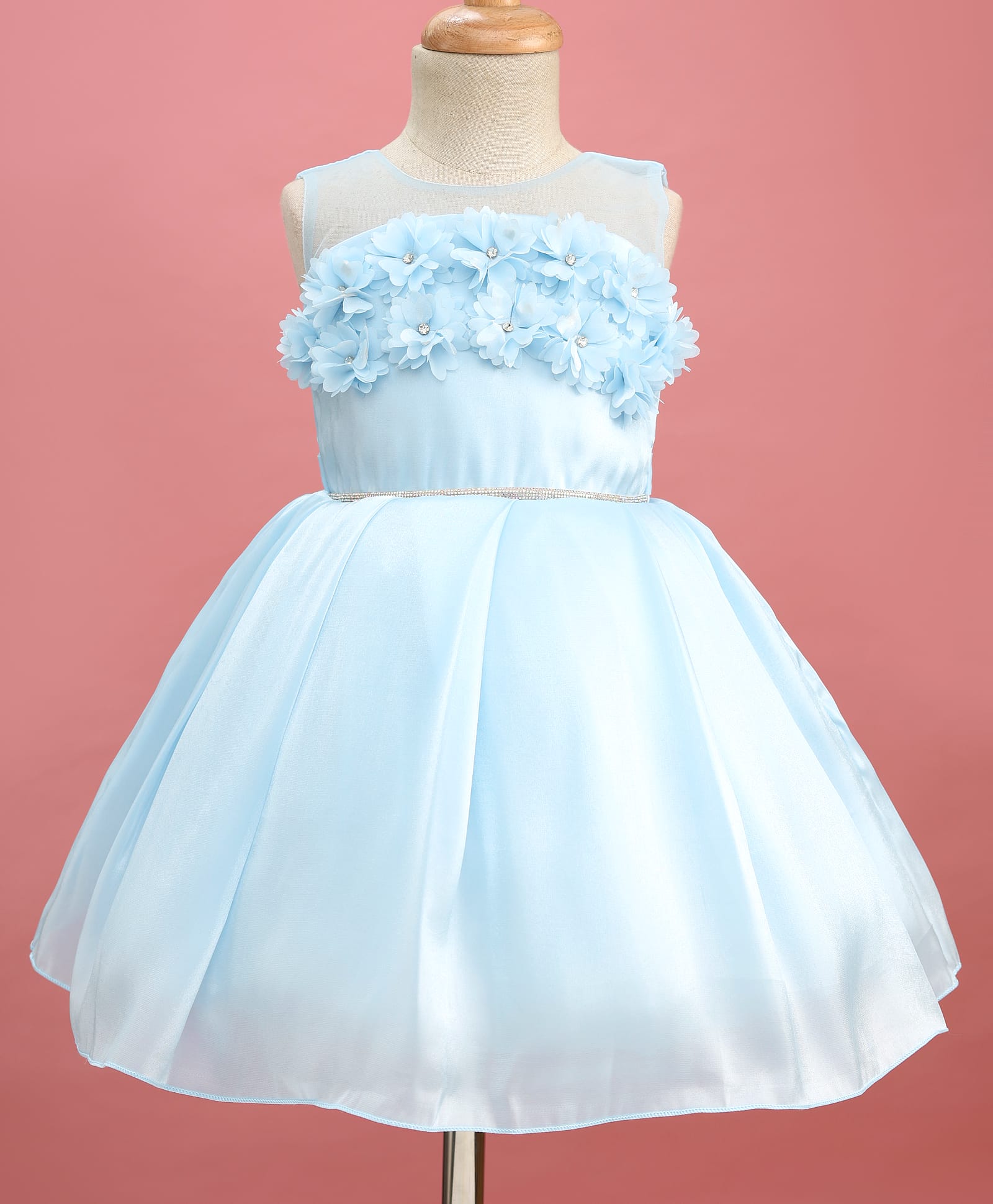 Bluebell Woven Sleeveless Solid Coloured Tissue Frock With Floral Corsages - Light Blue-image-36
