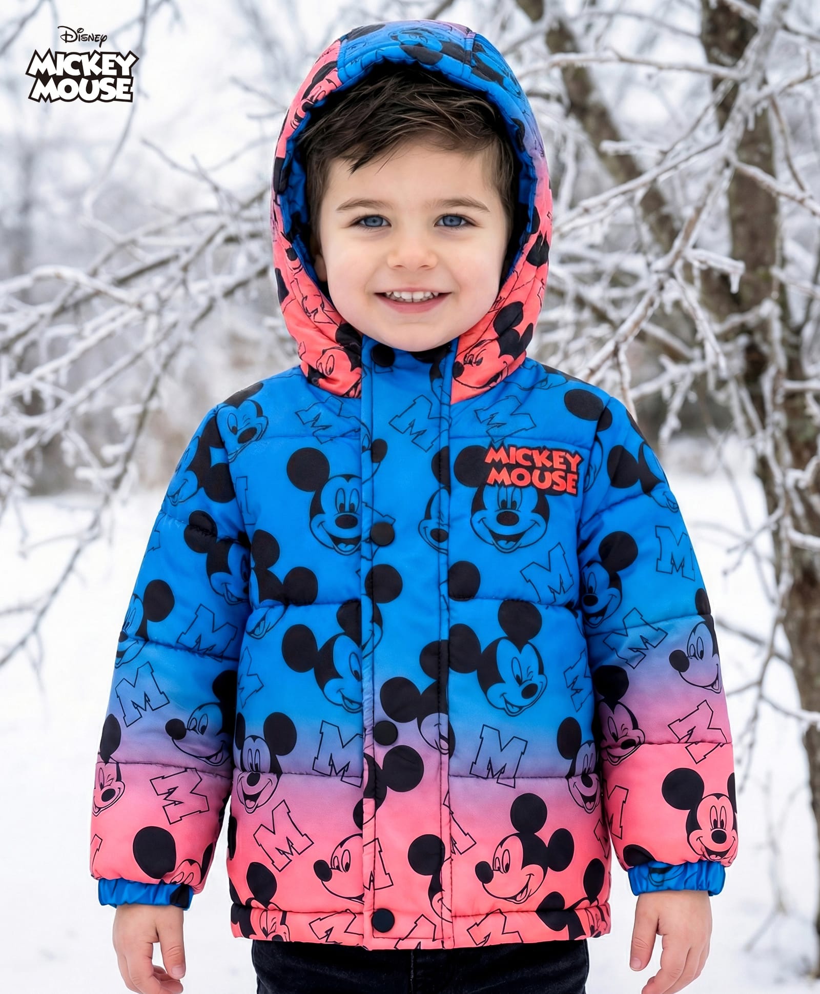 Babyhug Woven Full Sleeves Hooded Padded Jacket With Mickey & Friends Print & Ombre Effect - Multicolor-image-31