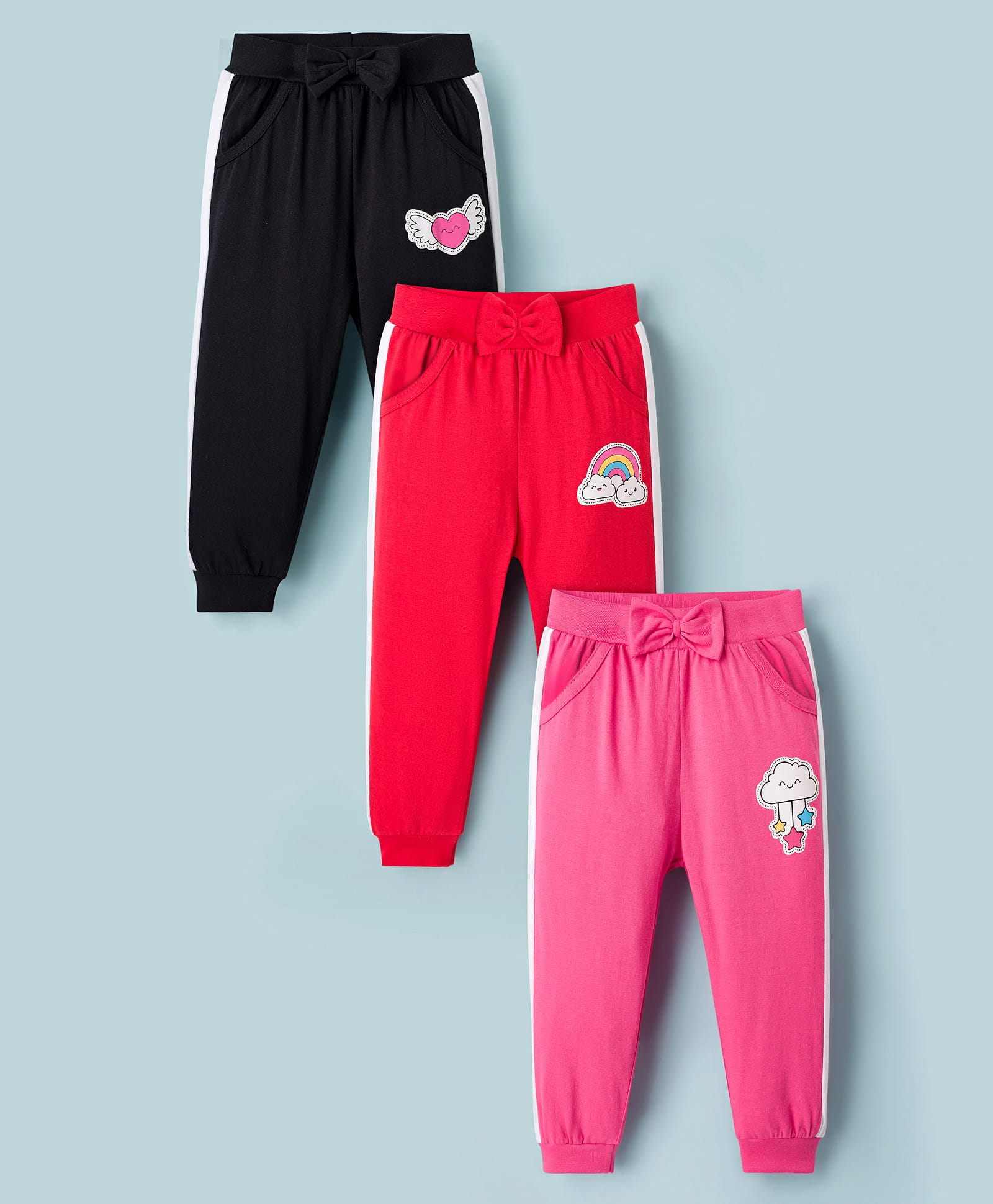 Doodle Poodle 100% Cotton Knit Full Length Track Pants with Cloud & Rainbow Print Pack of 3 - Red Pink & Navy Blue-image-28