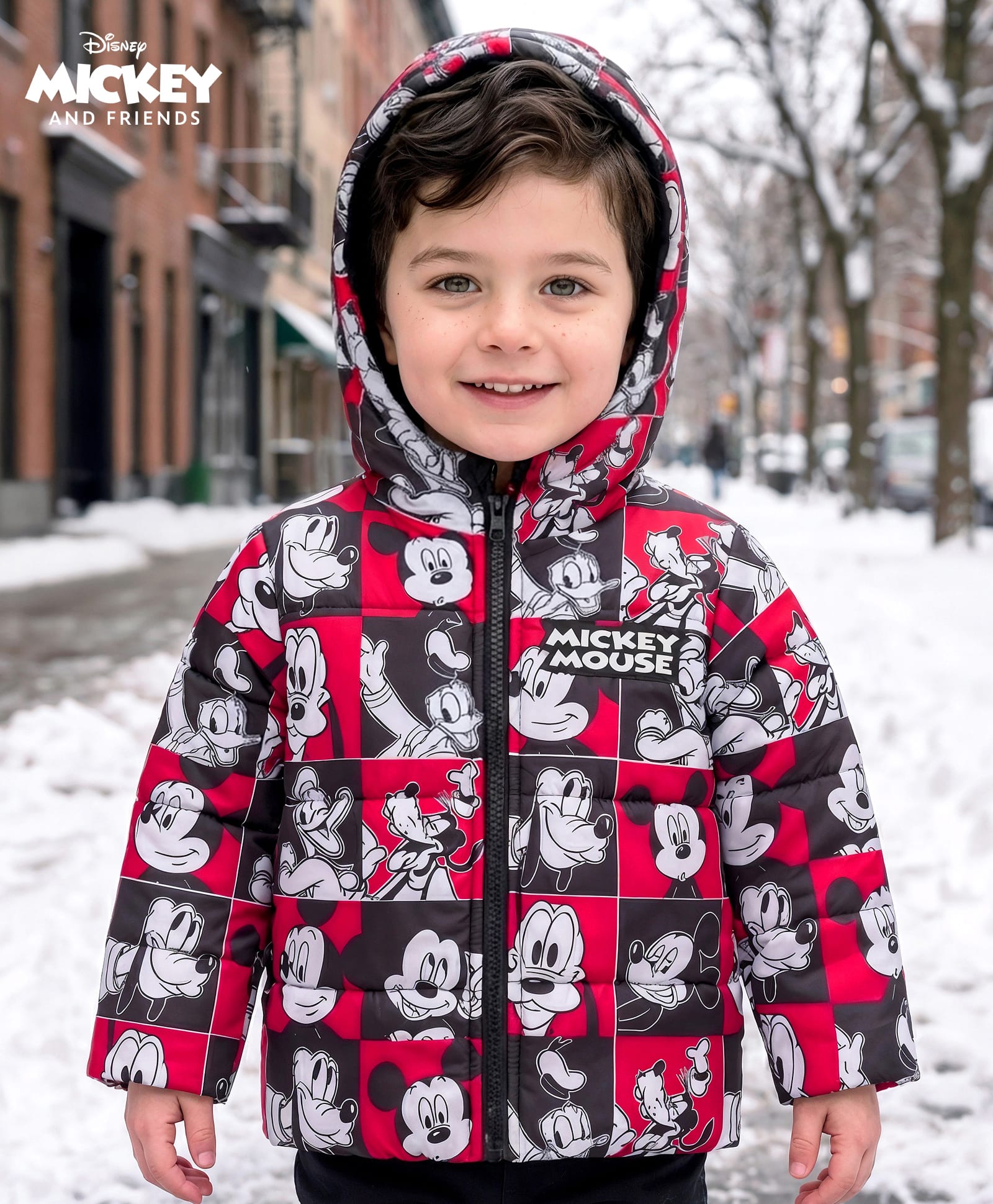 Babyhug Disney Woven Full Sleeves Hooded Winter Jacket With Mickey & Friends Print - Red-picture-27
