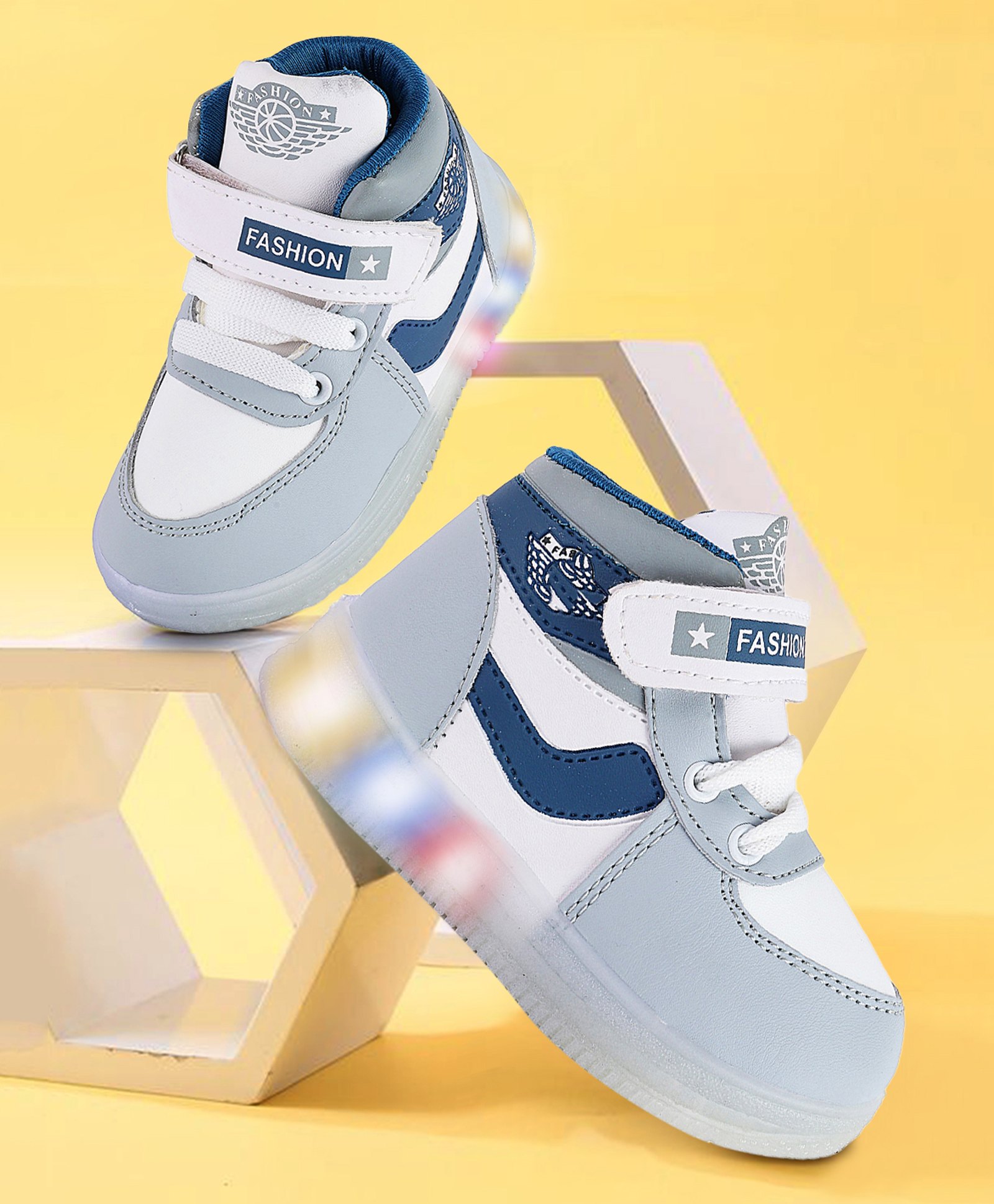 PASSION PETALS Colour Blocked Velcro Closure LED Shoes - Grey White & Blue-picture-17