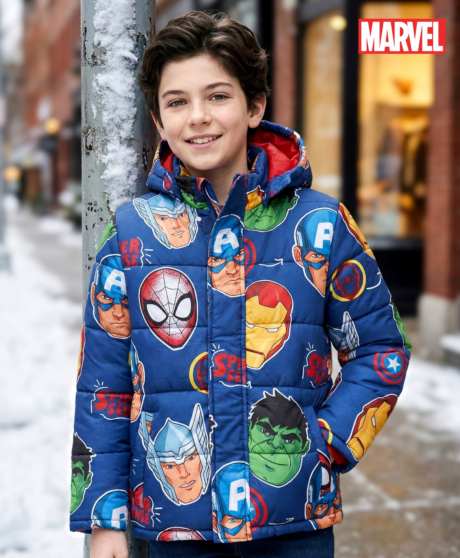 Pine Kids Marvel Woven Full Sleeves Winter Jacket With Avengers Print & Detachable Hood - Navy Blue-image-34