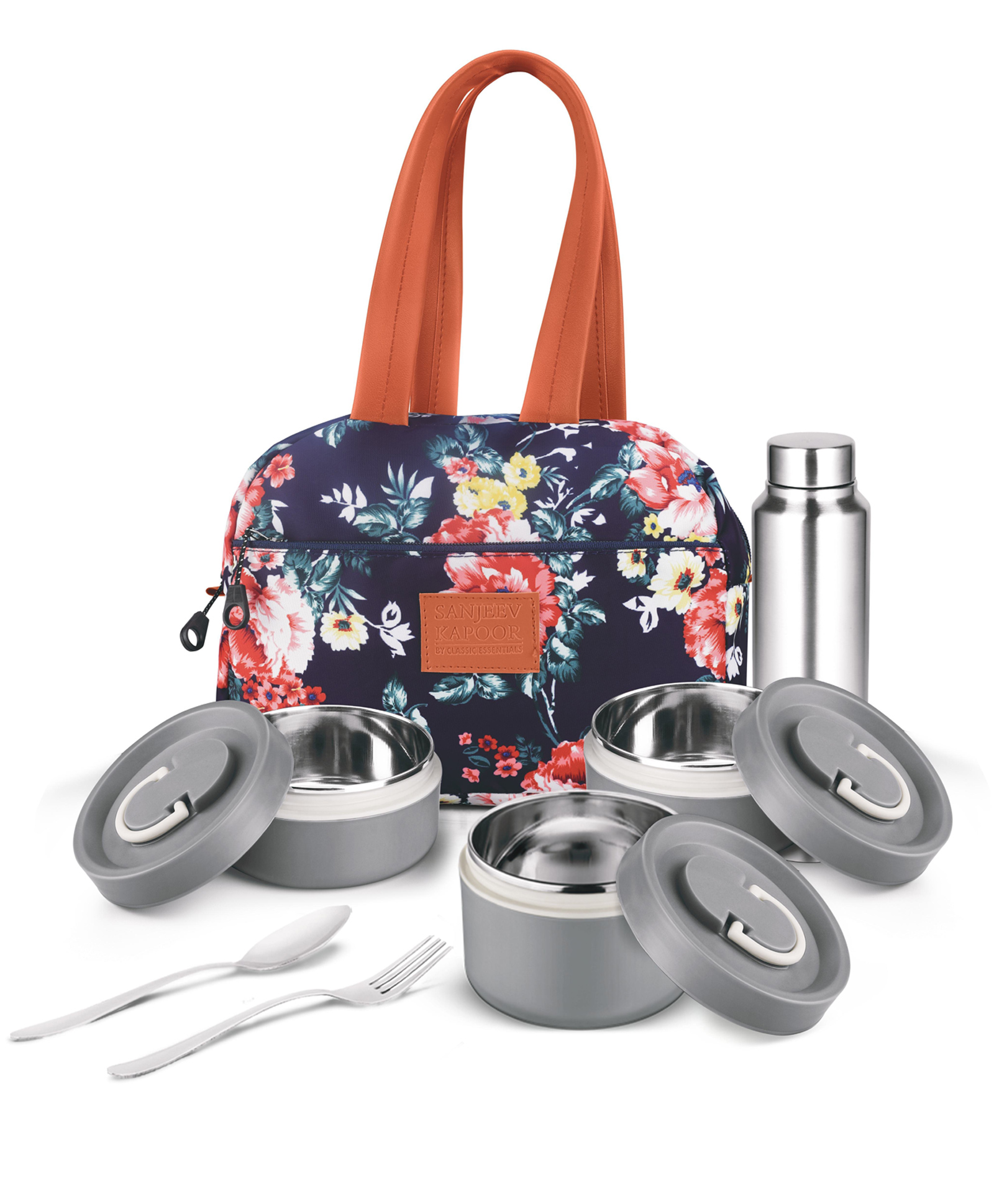 Classic Essentials Vogue Microwave, Insulated Tiffin Set with Bottle & Cutlery 3 Containers Lunch Box (1400 ml, Thermoware)
