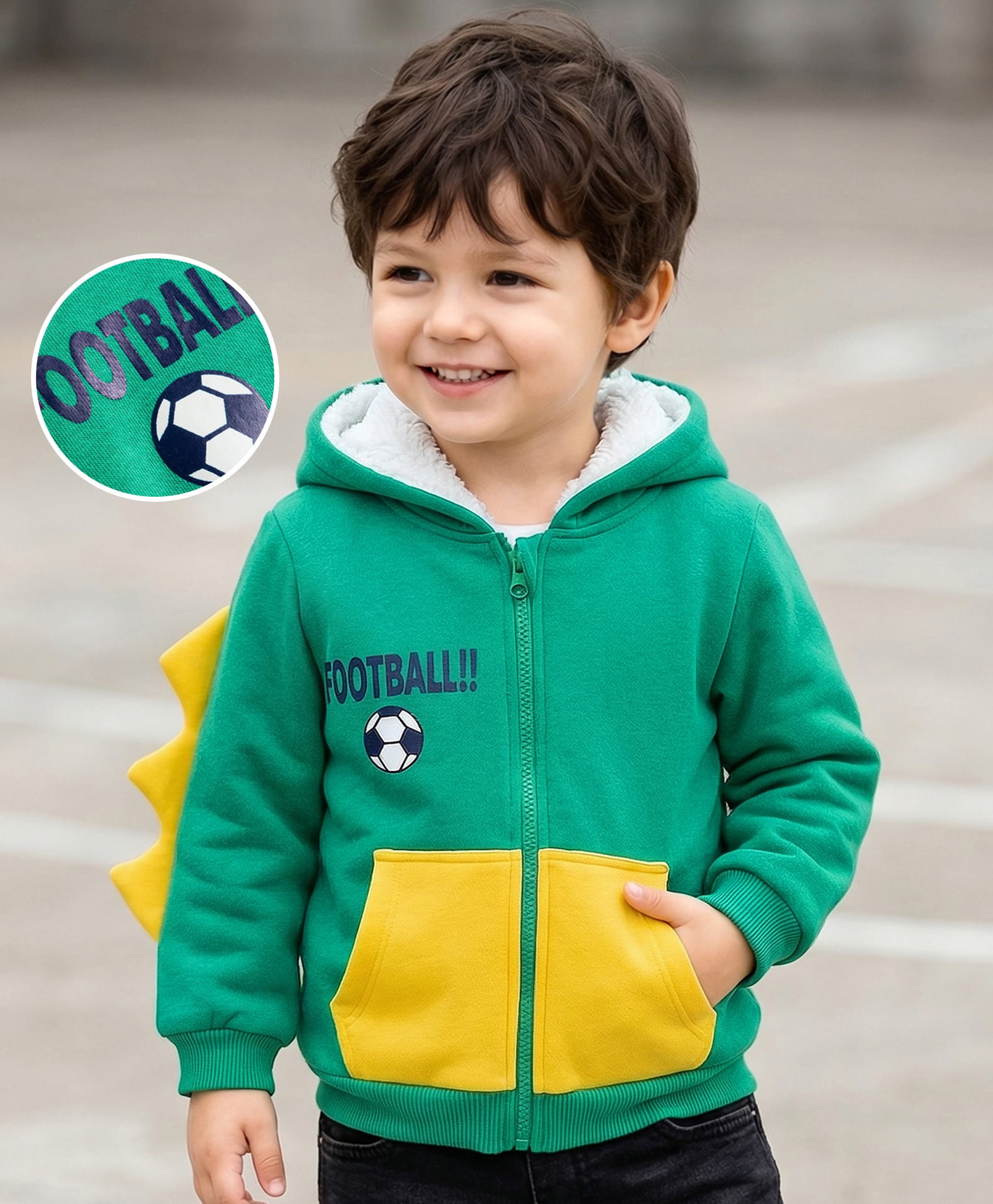 Mark & Mia Fleece Knit Full Sleeves Hooded Sweatjacket With Football Print & Kangaroo Pockets - Green-picture-19