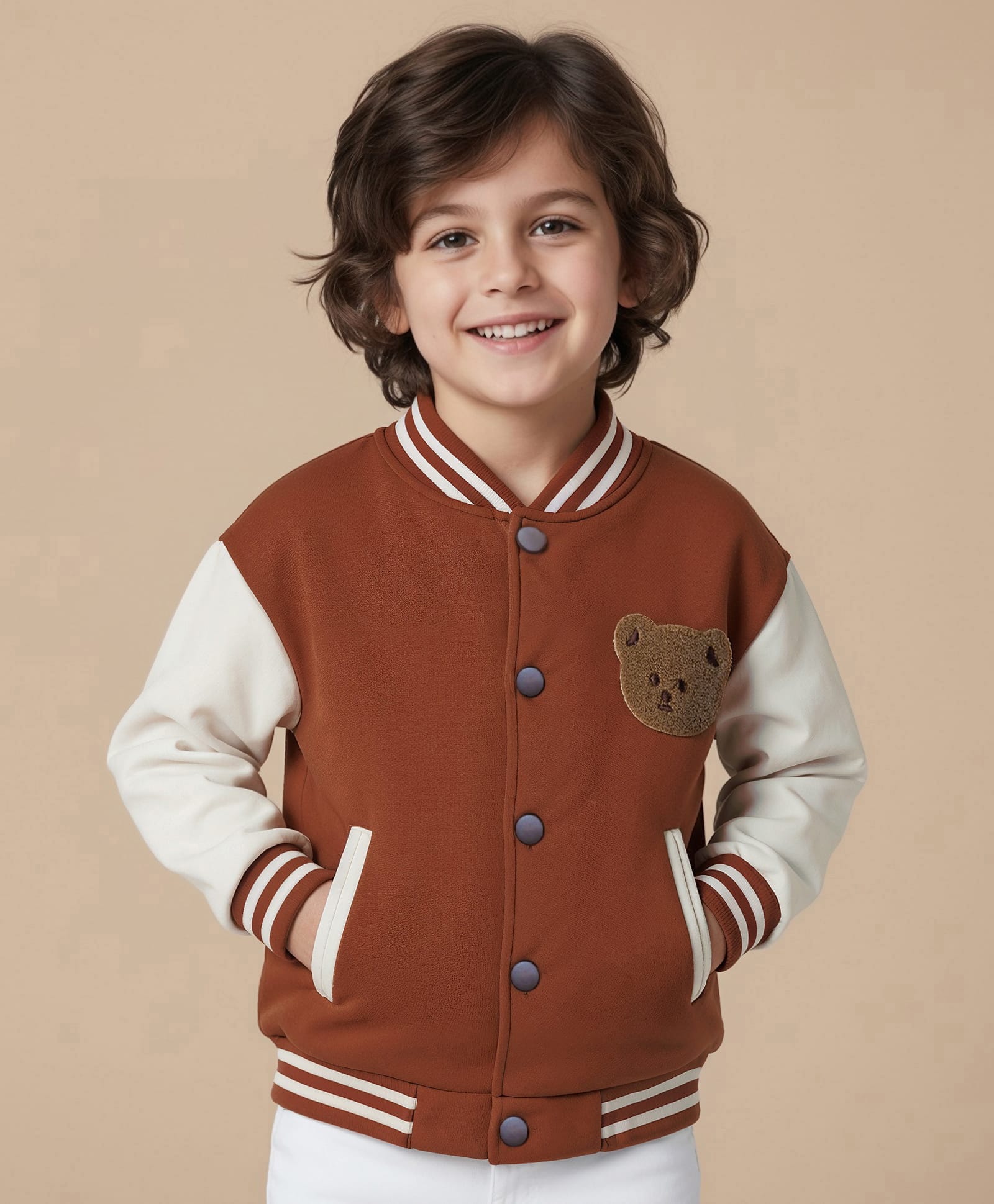 Mark & Mia Fleece Knit Full Sleeves Bomber Jacket With Bear Embriodery - Brown-picture-32