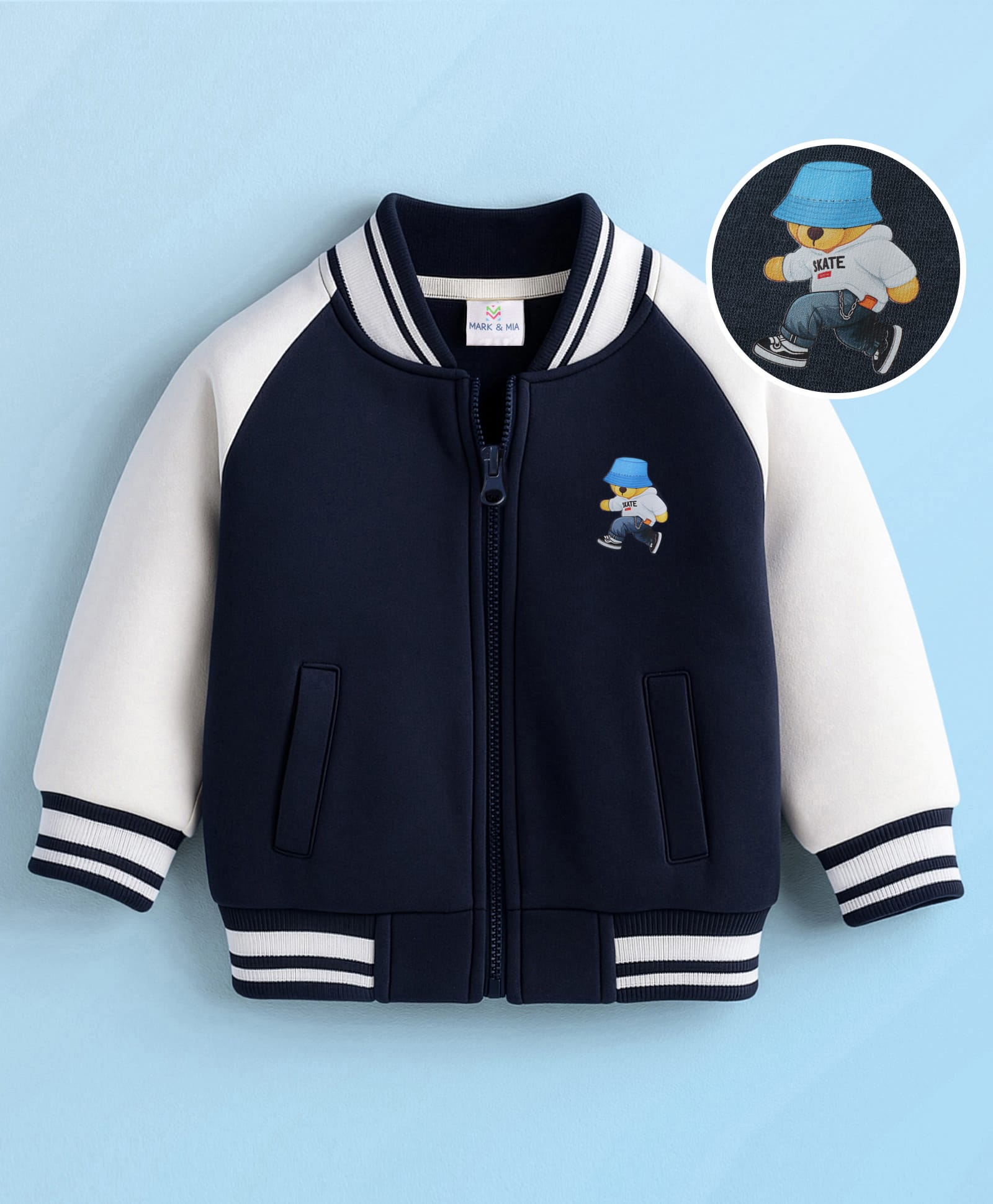 Mark & Mia Fleece Knit Full Raglan Sleeves Bomber Jacket With Teddy Bear Print & Tipping Rib Detailing - Navy Blue & White-picture-24