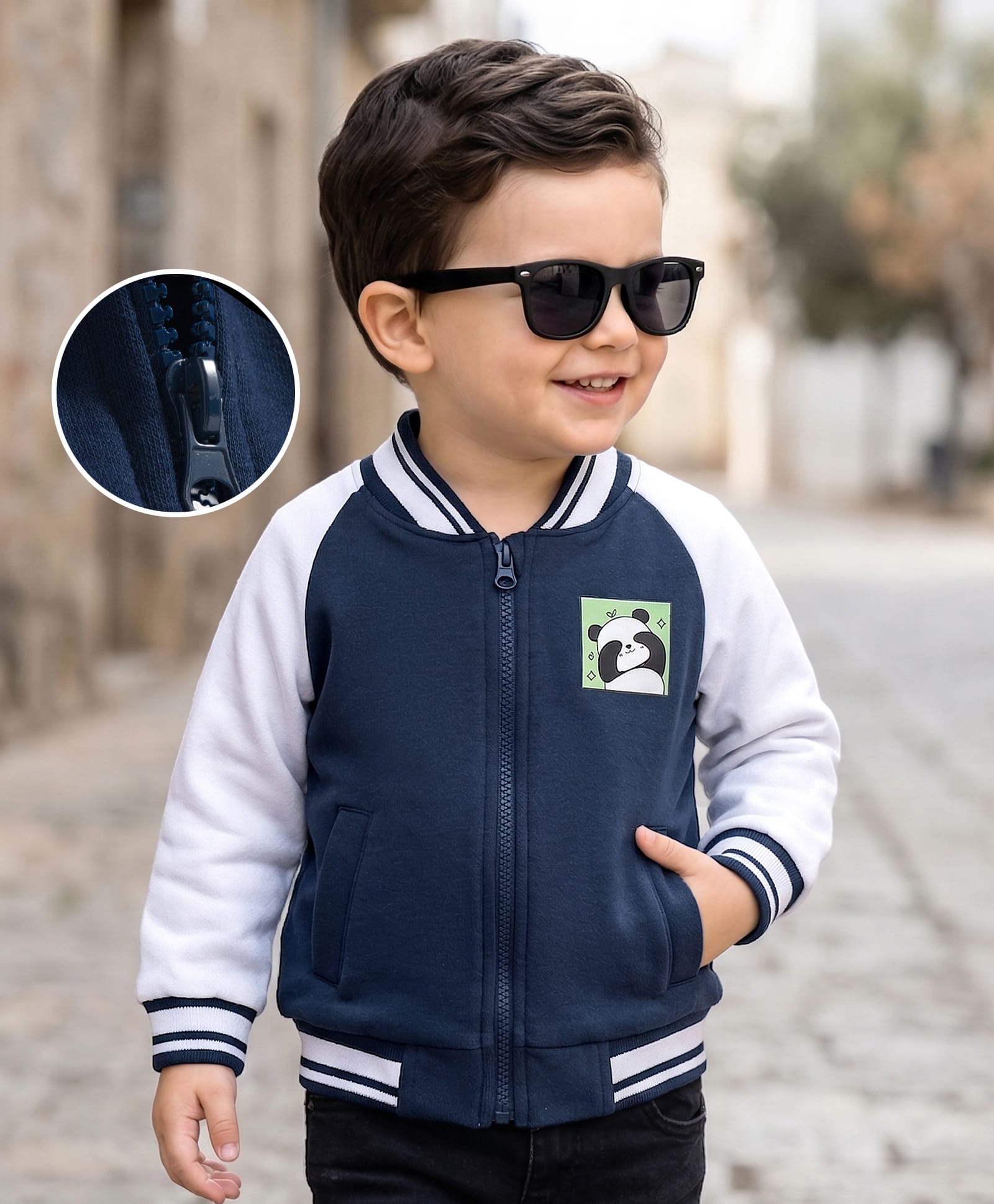 Mark & Mia Fleece Knit Raglan Full Sleeve Bomber Jacket with Graphics Print & Tipping Rib Detailing - Navy Blue-picture-13
