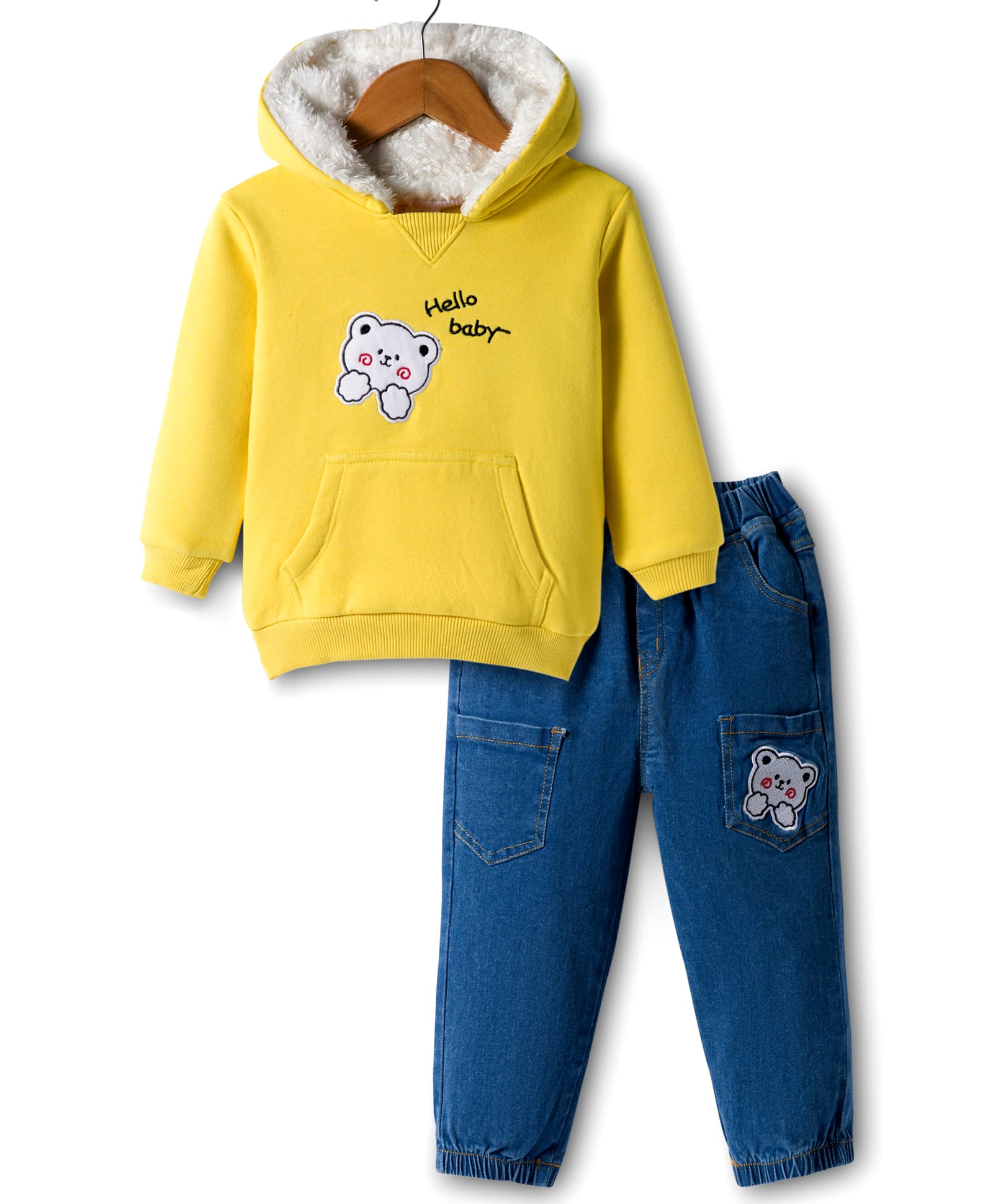 Mark & Mia Cotton Knit Fleece Full Sleeves Oversize Hooded Winter Sweatshirt & Denim Jeans Set with Applique Embroidery & Kangaroo Pocket Detailing - Yellow-image-21