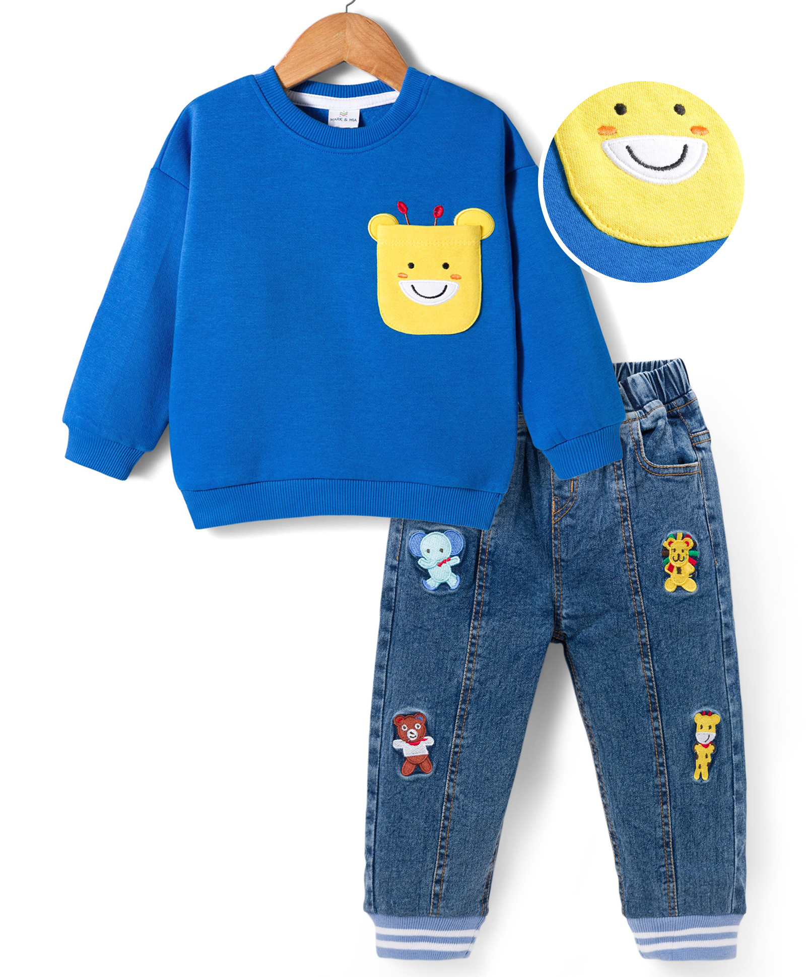 Mark & Mia Knit Full Sleeves Oversized Fleece Sweatshirt & Denim Jeans Set with Patch Detailing - Blue-image-32