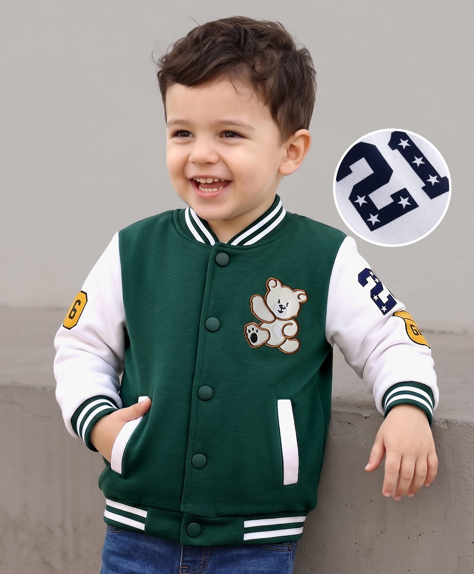 Mark & Mia Fleece Knit Full Sleeves Bomber Jacket with Text Graphic Tipping Rib & Bear Patch Detailing - Green-picture-38