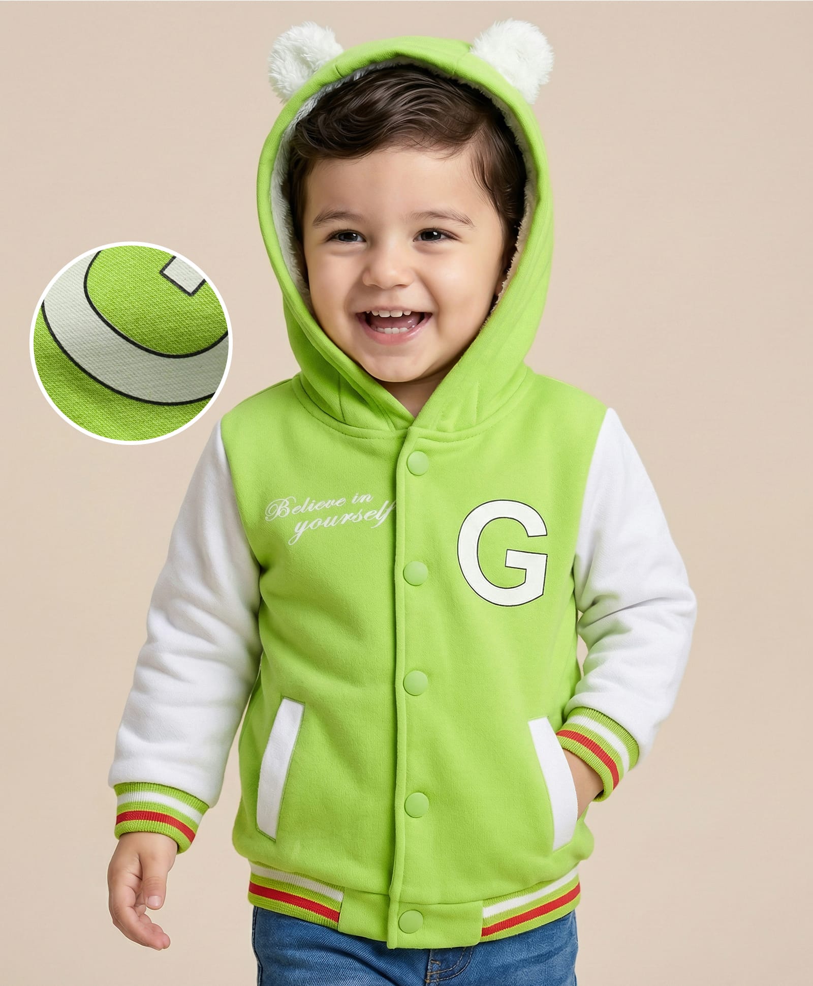 Mark & Mia Fleece Knit Full Sleeve Hooded Sweatjacket With Graphics Print Ear & Tipping Rib Detailing - Lime Green-image-28
