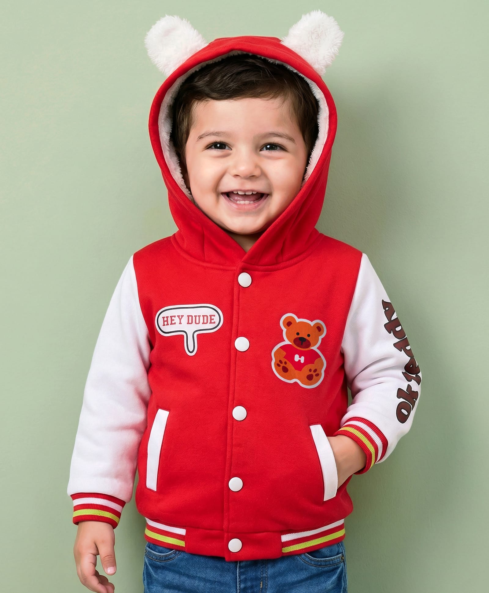 Mark & Mia Fleece Knit Full Sleeves Hooded Sweatjacket With Teddy Bear Print & Ear Applique - Red & White-picture-30