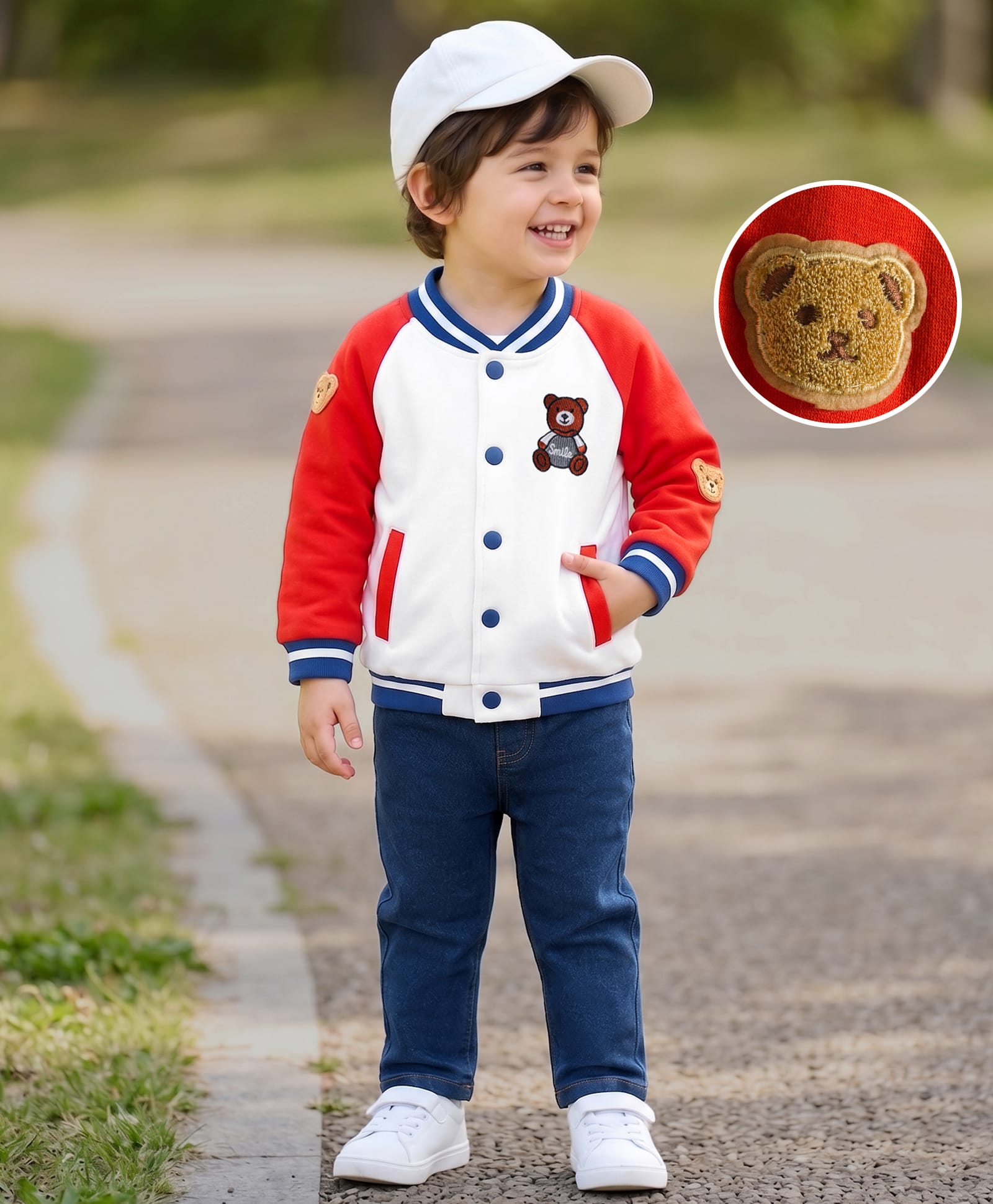 Mark & Mia Knit Full Raglan Sleeves Fleece Sweatshirt & Denim Jeans Winter Wear Set with Bear Embroidery - Red & Blue-picture-28