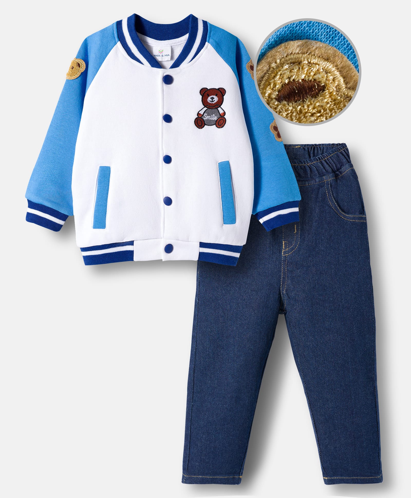 Mark & Mia Knit Full Raglan Sleeves Fleece Sweatshirt & Denim Jeans Winter Wear Set with Bear Embroidery - Blue-picture-27