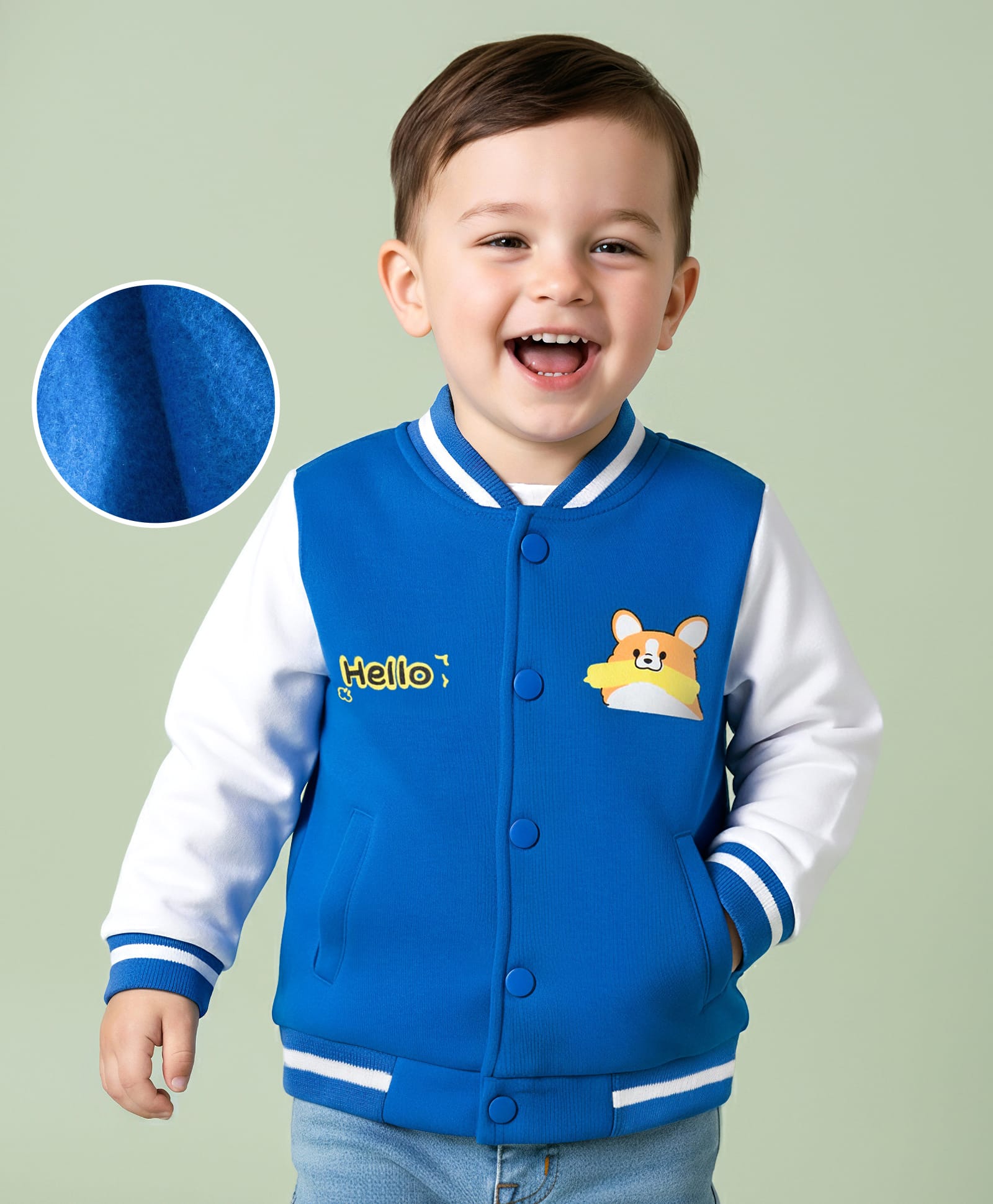 Mark & Mia Fleece Knit Full Sleeves Bomber Jacket With Dog Print - Blue & White