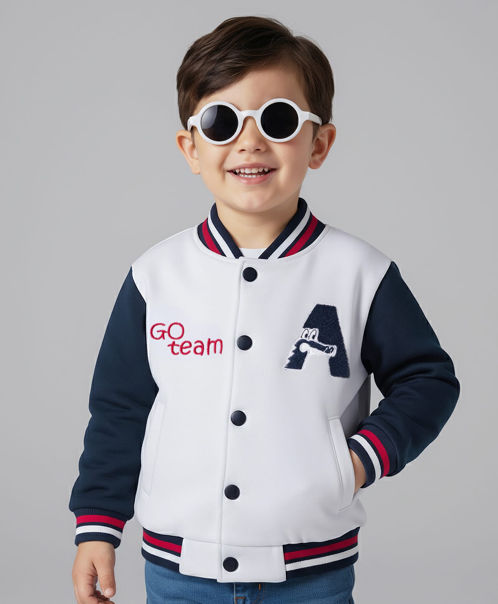 Mark & Mia Fleece Knit Full Sleeves Bomber Jacket With Text Embroidery - White-image-31