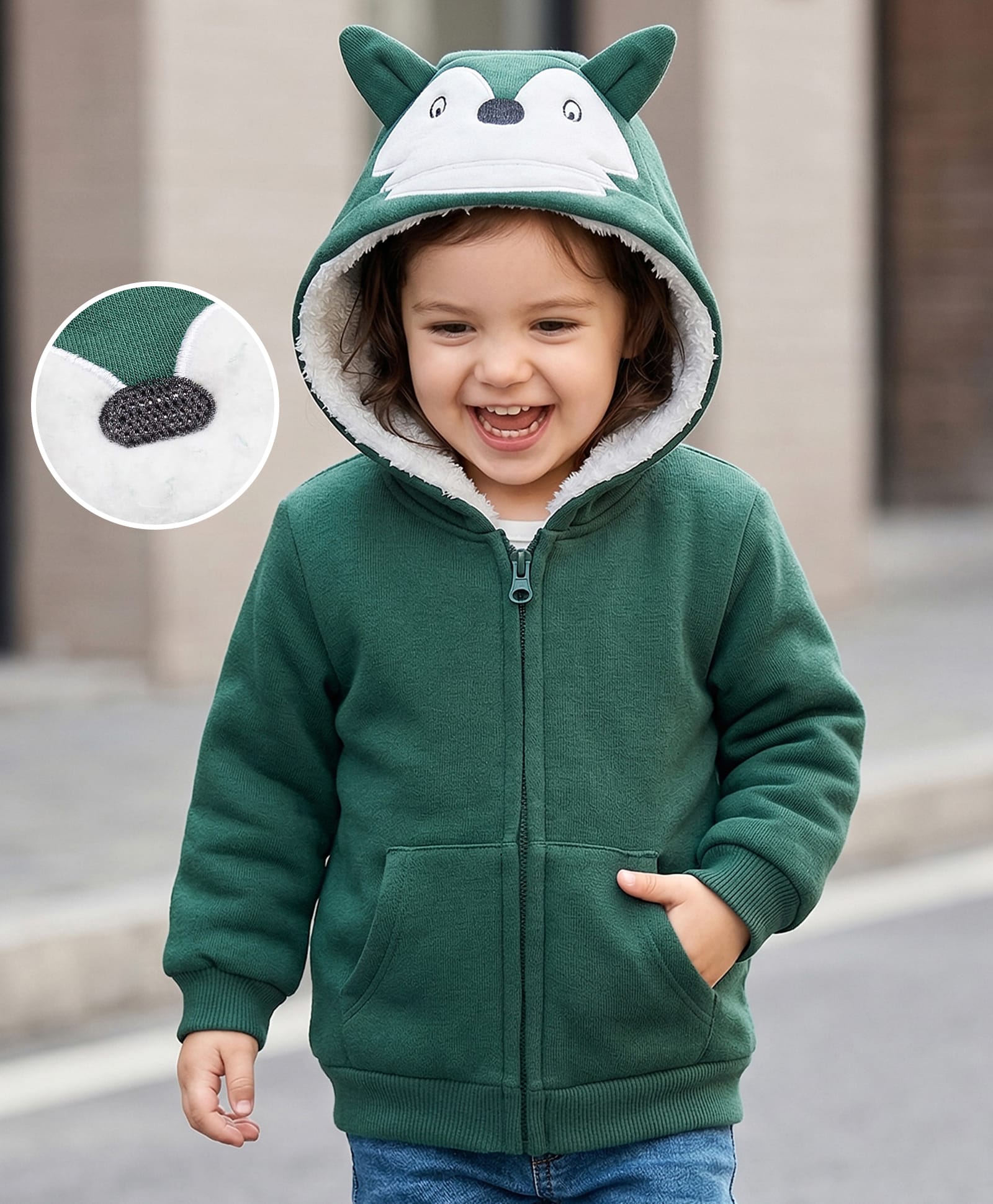 Mark & Mia Fleece Knit Full Sleeves Hooded Sweatjacket With Animal Embroidery & Kangaroo Pockets - Green-image-46