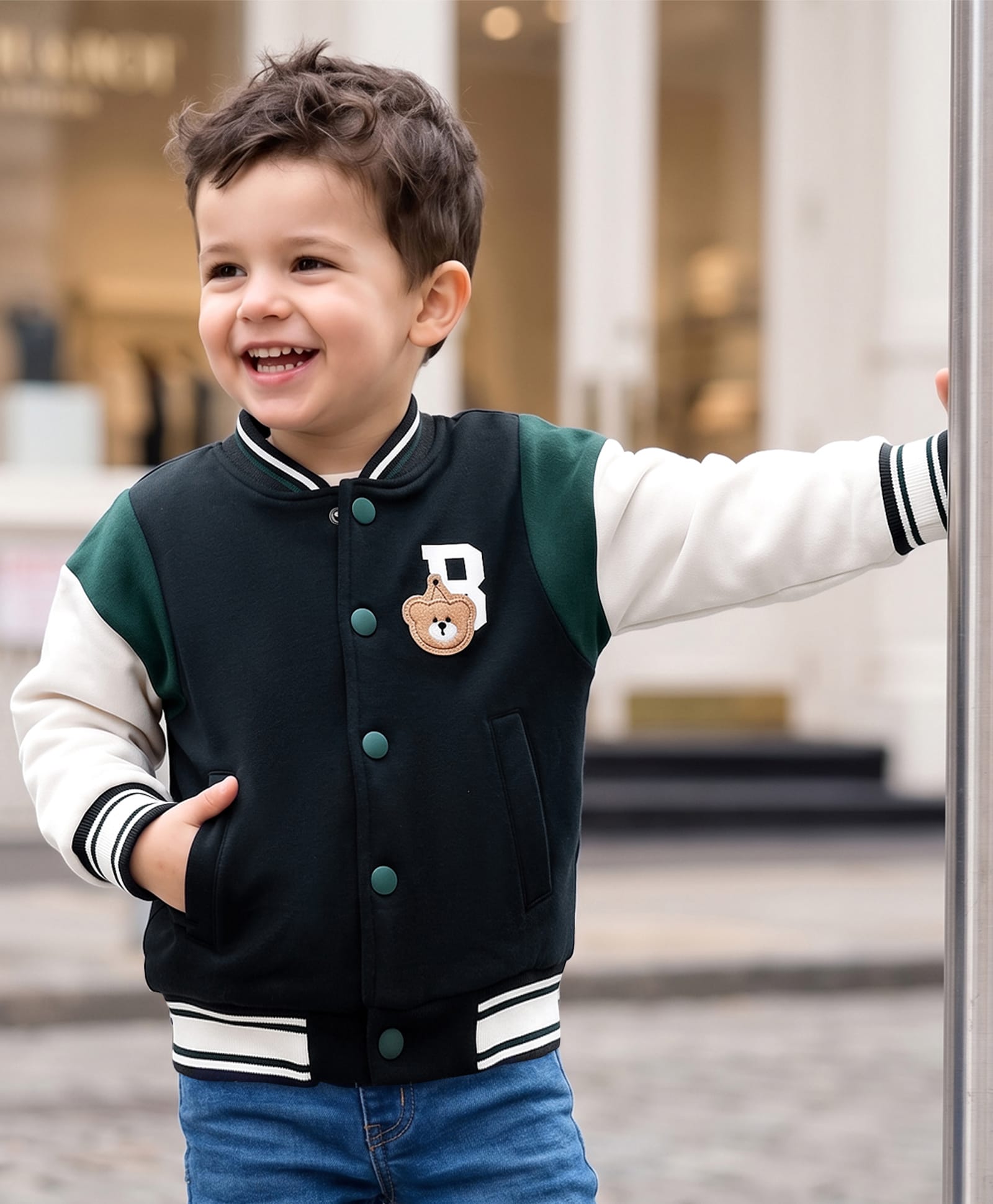 Mark & Mia Fleece Knit Full Sleeve Bomber Jacket with Graphics Print Tipping Rib & Towel Embroidery Detailing -Navy Blue-image-49