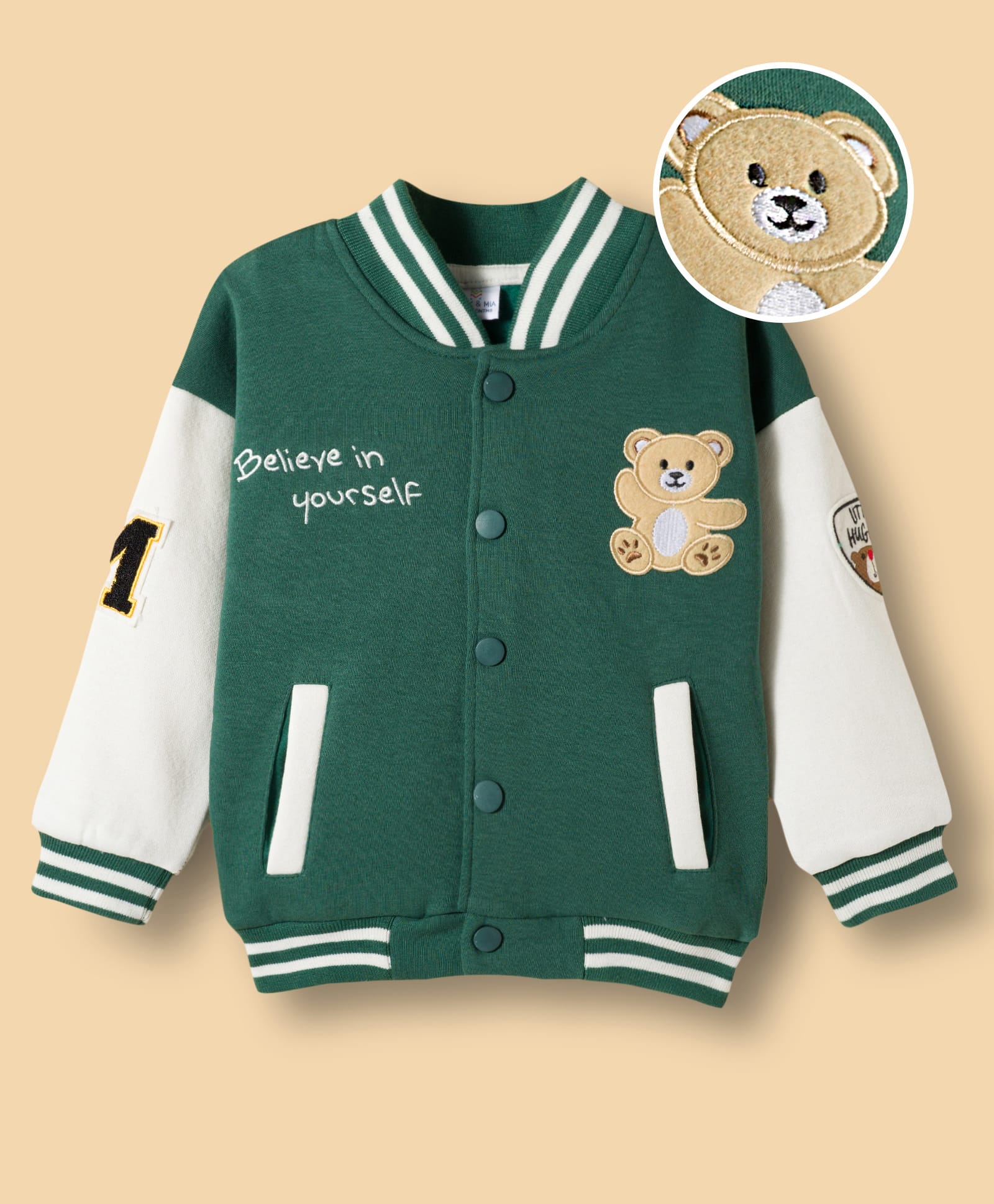 Mark & Mia Fleece Knit Full Sleeves Bomber Jacket With Teddy Bear Patch & Text Embroidery - Green & White-picture-17