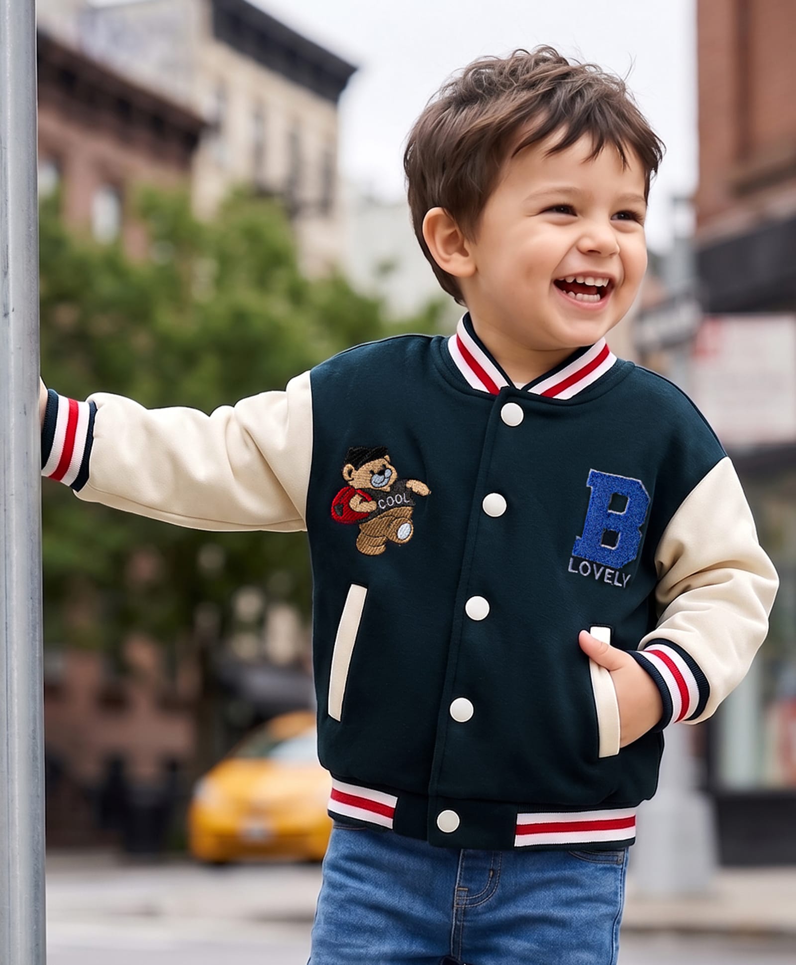 Mark & Mia Fleece Knit Full Sleeves Oversized Bomber Jacket With Teddy Bear & Text Embroidery - Navy Blue-picture-15